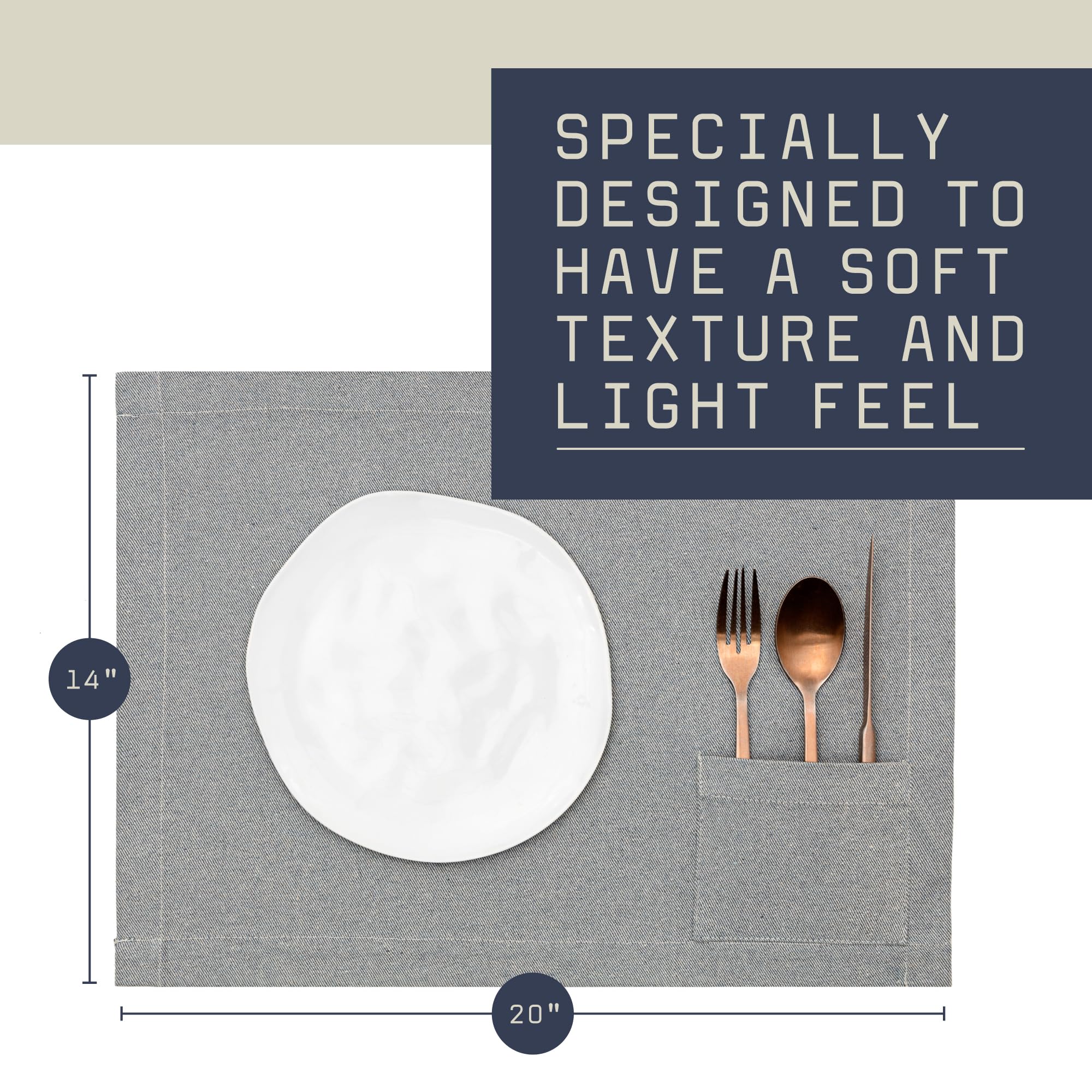 MEEMA 4-Pack Recycled Denim & Cotton Placemats with Pockets - 14x20 Inch Farmhouse Style Washable Table Mats for Dining Room, Kitchen, Parties & Special Occasions (Blue) | Eco-Friendly Home Decor