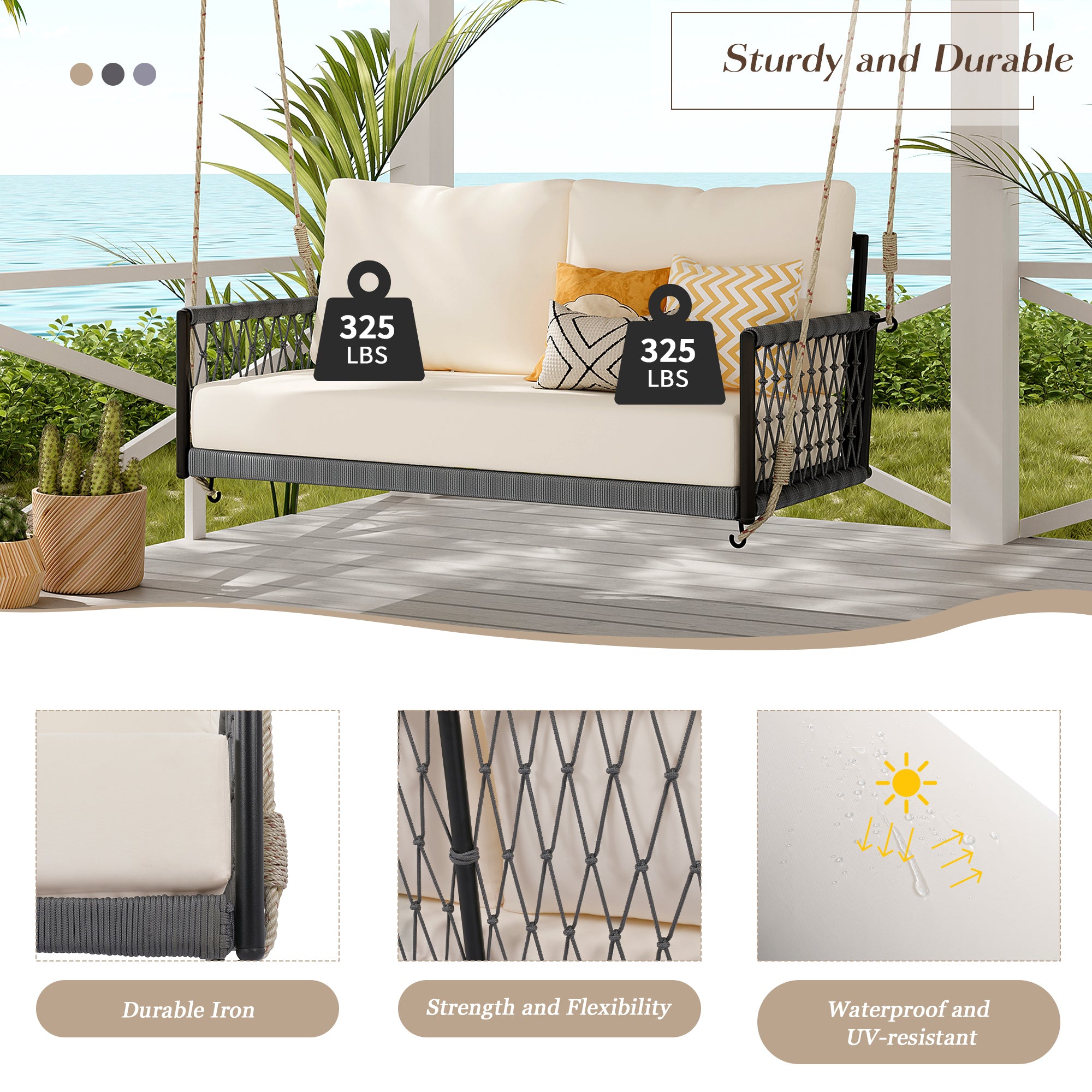 1 Piece Woven Rope Outdoor Swing Sofa with Soft Cushions - Seats 2 People - Perfect for Patio, Courtyard, Balcony & Garden Relaxation (Beige) - Ideal for Lounging, Reading & Outdoor Entertaining