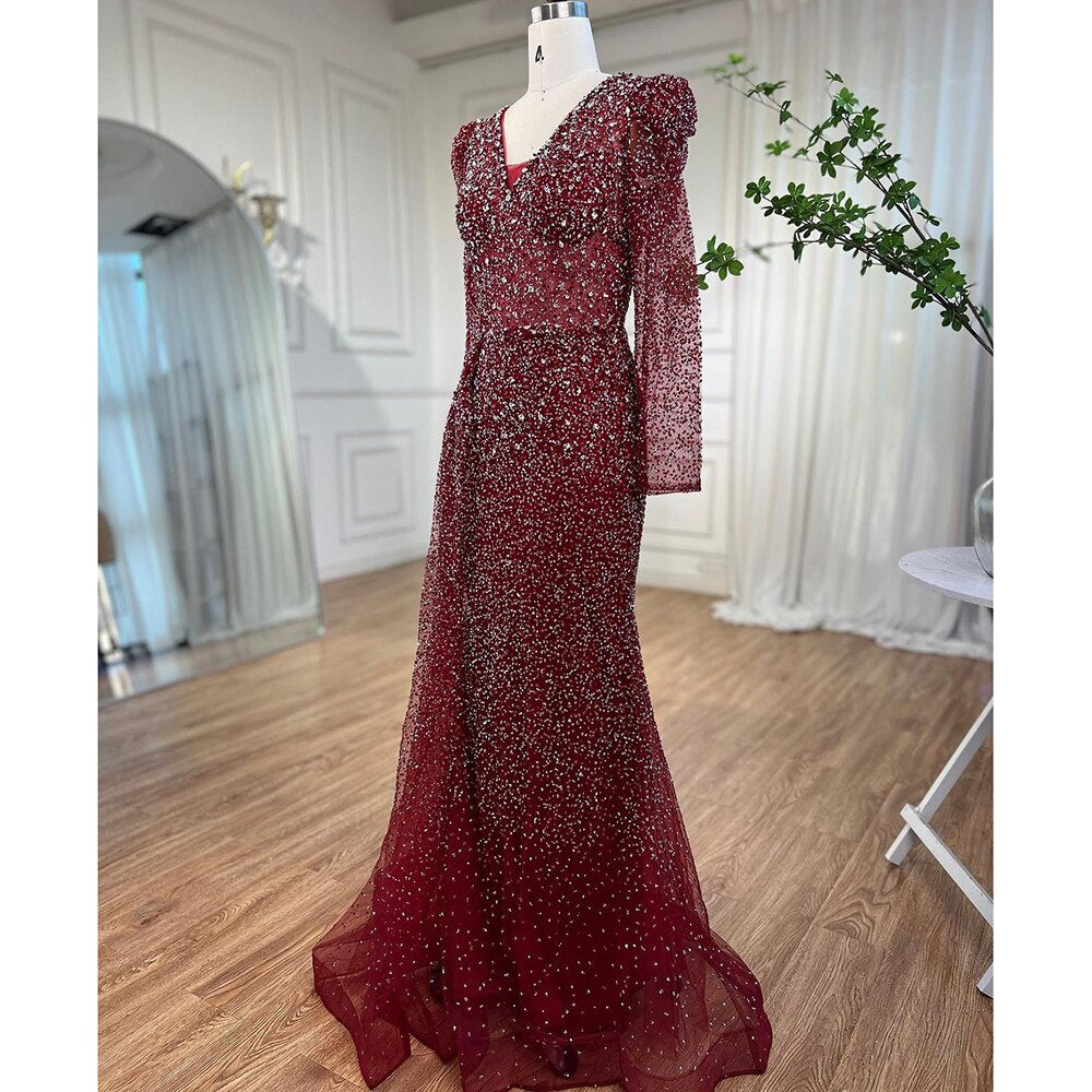 Luxury Muslim Designer Wine Red Mermaid Evening Dress with Beaded V-Neck for Women - Perfect for Weddings, Parties & Special Occasions in 2025 | Serene Hill LA72148