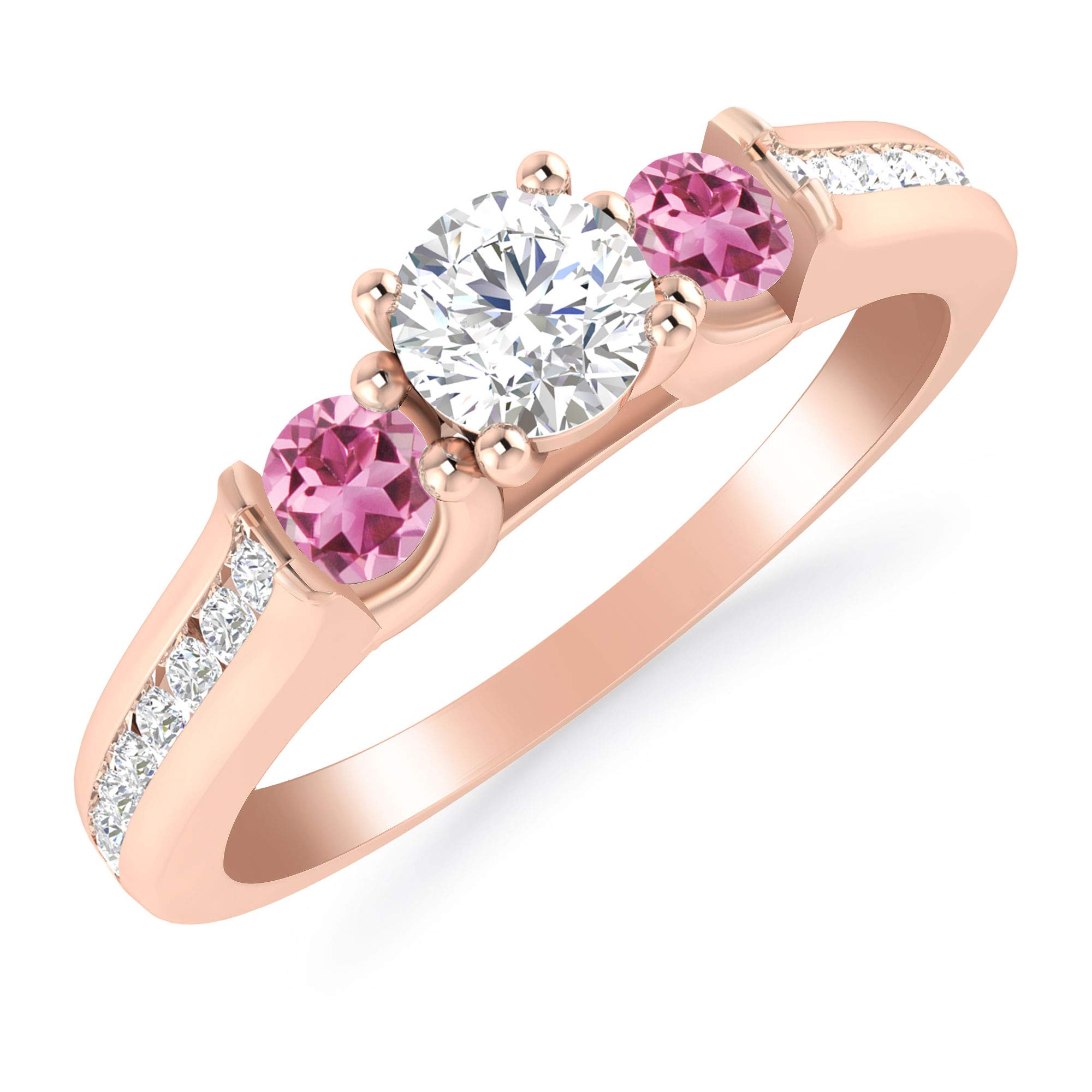 10K Gold 1/2 Carat Round Diamond & Pink Tourmaline Three Stone Engagement Ring | Size 5-8 | H-I Color | I2-I3 Clarity | Wedding Proposal, Promise Ring, Anniversary Gift | Perfect for Romantic Occasions & Special Celebrations