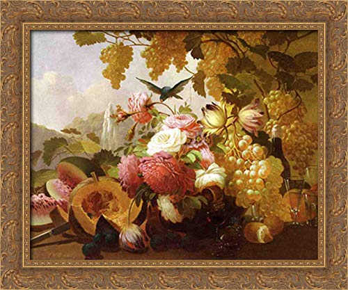 Thomas Hill Still Life with Roses and Wine Glasses - 24x20 Inch Gold Ornate Wood Framed Canvas Art - Perfect for Dining Room Decor, Living Room Wall Art & Vintage Home Decor