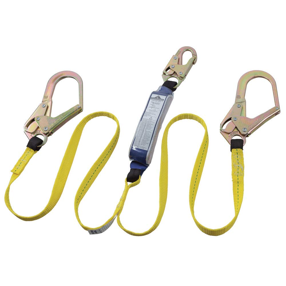 Peakworks 6 ft Double Leg Safety Lanyard with Shock Absorber - Fall Protection Equipment with Snap Hook & 2 Rebar Hooks - OSHA Compliant Black/Green Safety Harness (V8104426) - Ideal for Construction, Roofing & Industrial Work at Heights
