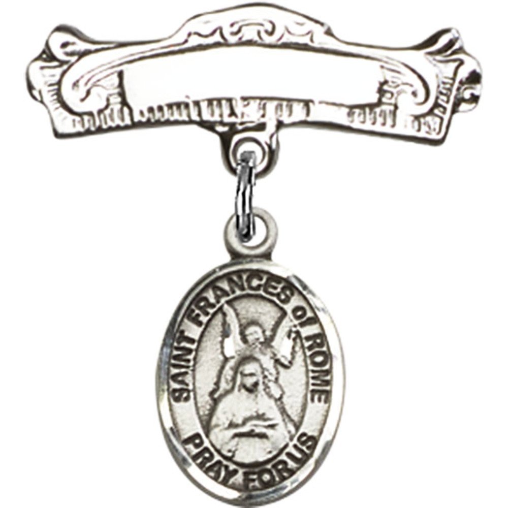 Sterling Silver Baby Badge with St. Frances of Rome Charm - 7/8 X 7/8 Inch Arched Polished Pin - Perfect for Christening, Baptism & First Communion Gifts