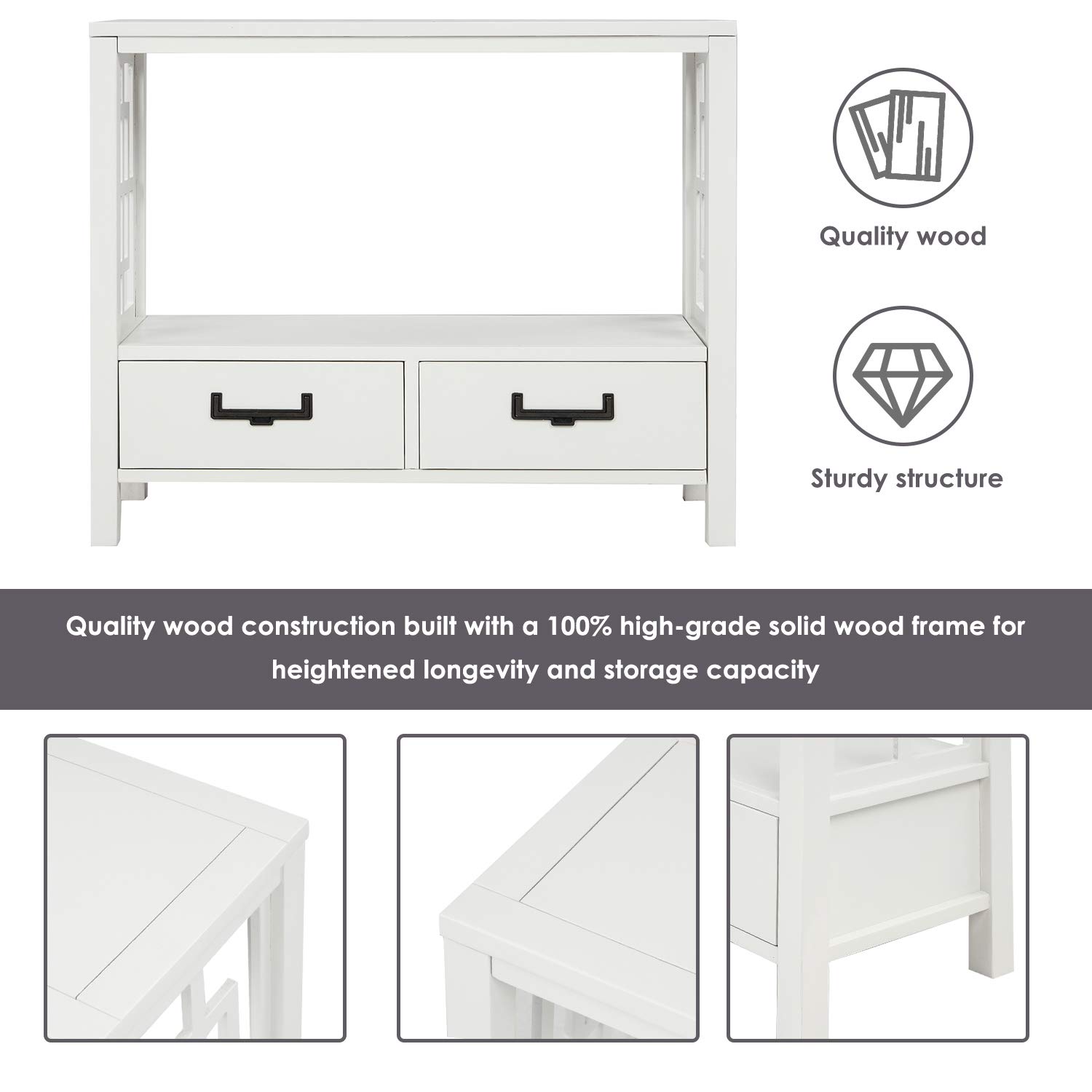 Rustic Pine Wood Console Table with 2 Drawers & Storage Shelf - Farmhouse Narrow Sofa Table for Entryway, Living Room, Bedroom or Hallway - Perfect for Small Space Organization & Home Decor (White Finish)