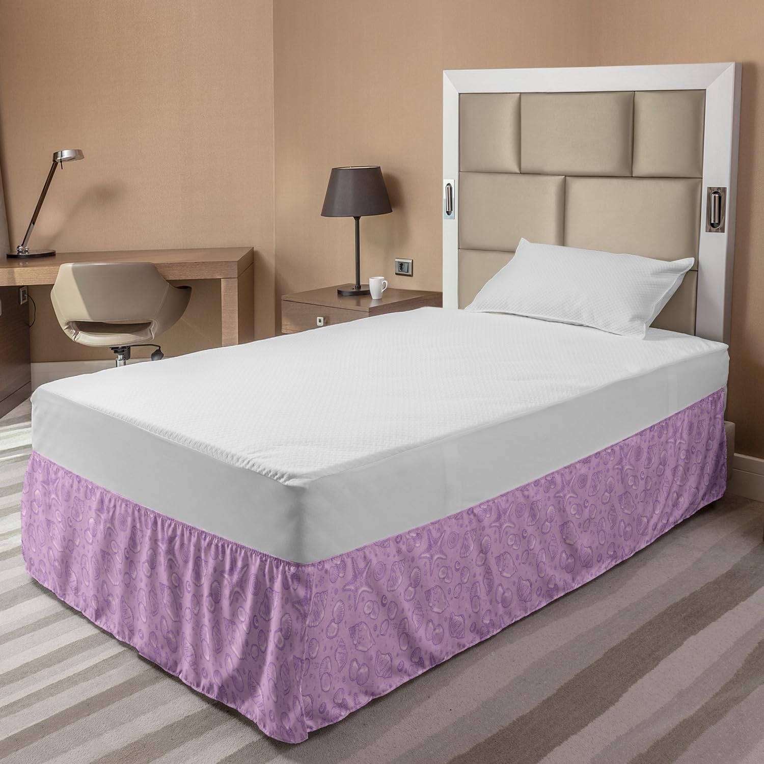 Ambesonne Ocean Themed Bed Skirt - Deep Sea Starfish Shells & Aquatic Bubbles Print Elastic Dust Ruffle Wrap Around Bedding Decor for Twin/Twin XL Beds, Violet Mauve - Perfect for Beach House, Coastal Decor & Nautical Theme Bedrooms