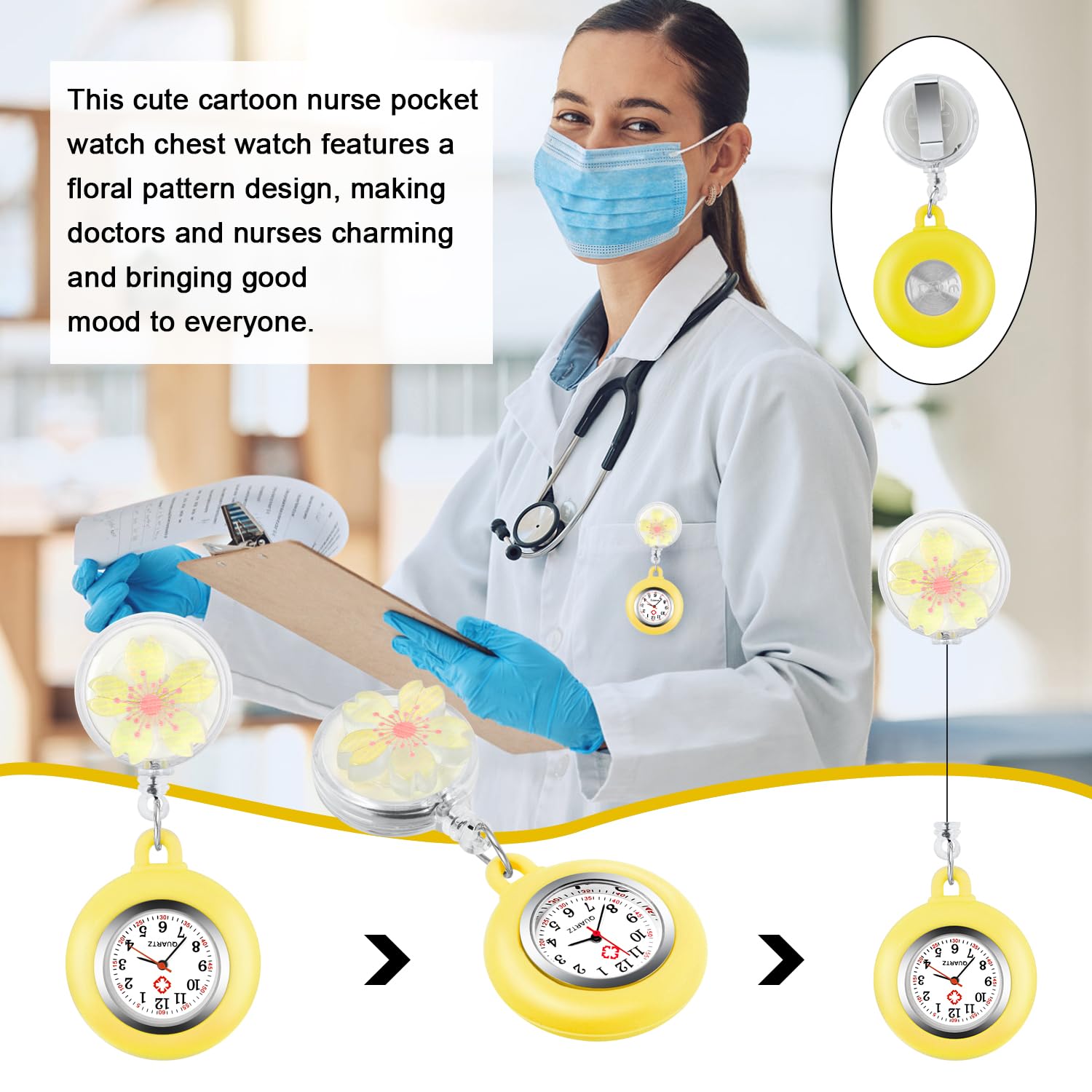 Tiong Pattern Nurse Watch with Flip Collar Clip - Retractable Arabic Numeral Dial Pocket Watch for Medical Professionals | Perfect for Nurses, Doctors & Healthcare Workers During Shifts & Patient Care