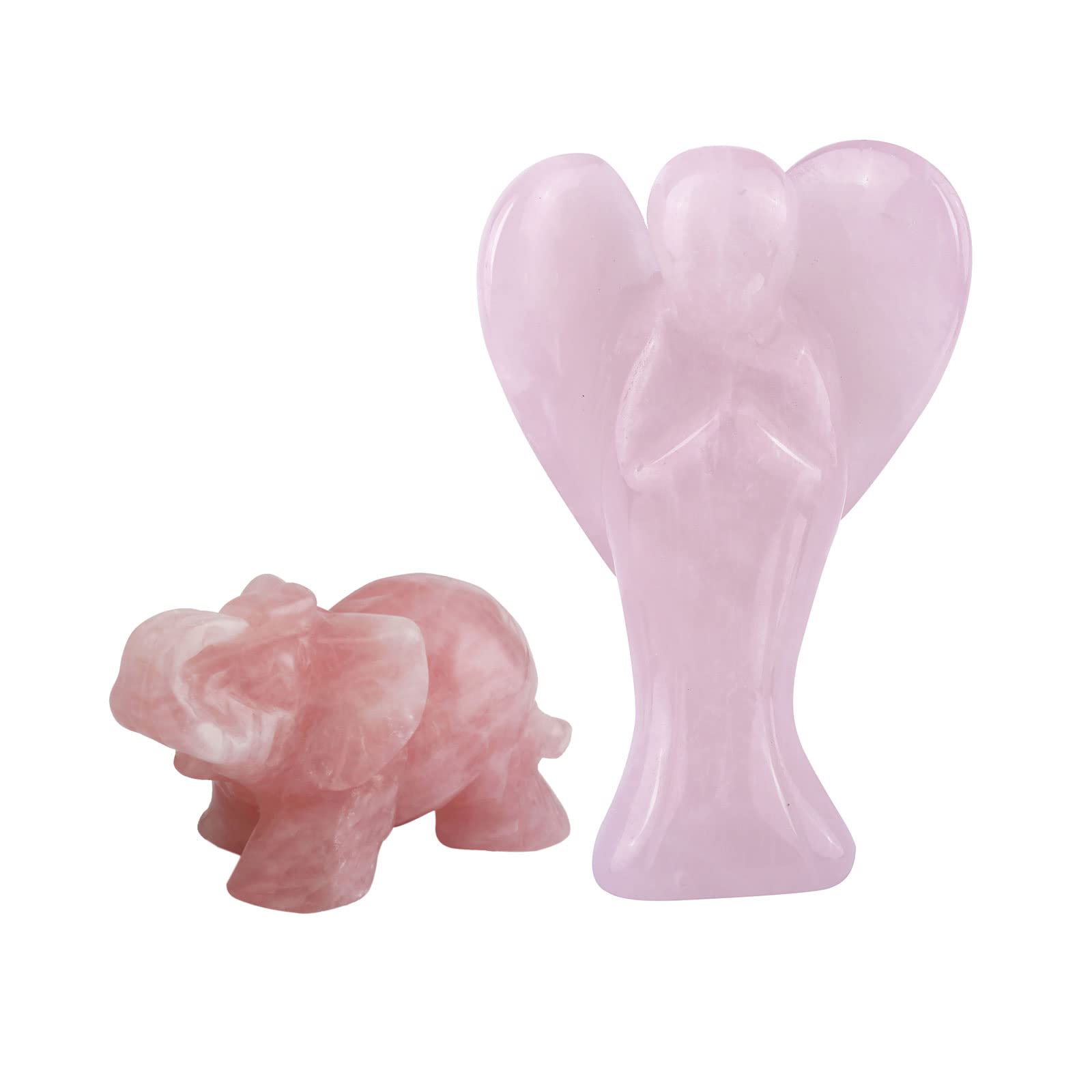SUNYIK 2-Piece Rose Quartz Elephant Statue & Heart Angel Figurine Set - Crystal Healing Gifts for Love, Protection & Positive Energy - Perfect for Home Decor, Meditation & Spiritual Healing
