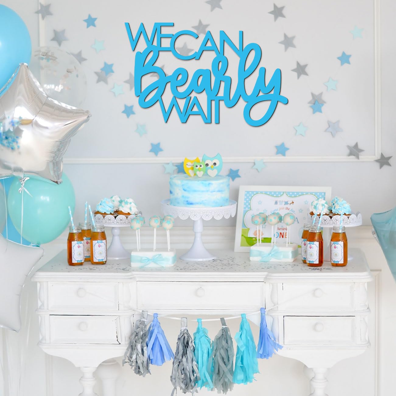 Blue 'We Can Bearly Wait' Wooden Sign - Teddy Bear Baby Shower Decor for Boys, Gender Reveal Party, Nursery Door Hanging & Photo Props - Perfect for Bear-Themed Baby Showers, Gender Reveal Parties & Nursery Decorations