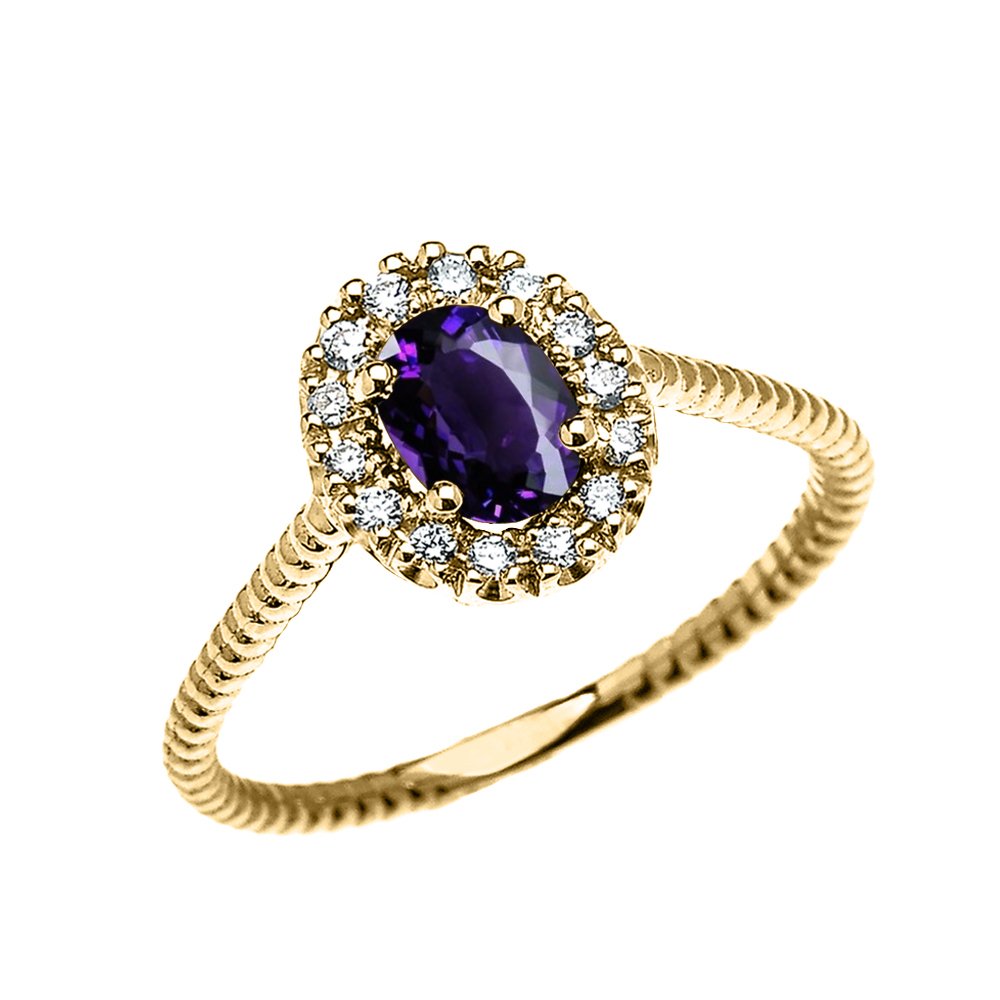 10K Yellow Gold Dainty Oval Halo Diamond & Solitaire Amethyst Rope Design Engagement Ring - Elegant Promise Ring for Women, Perfect for Proposals, Anniversaries & Special Occasions