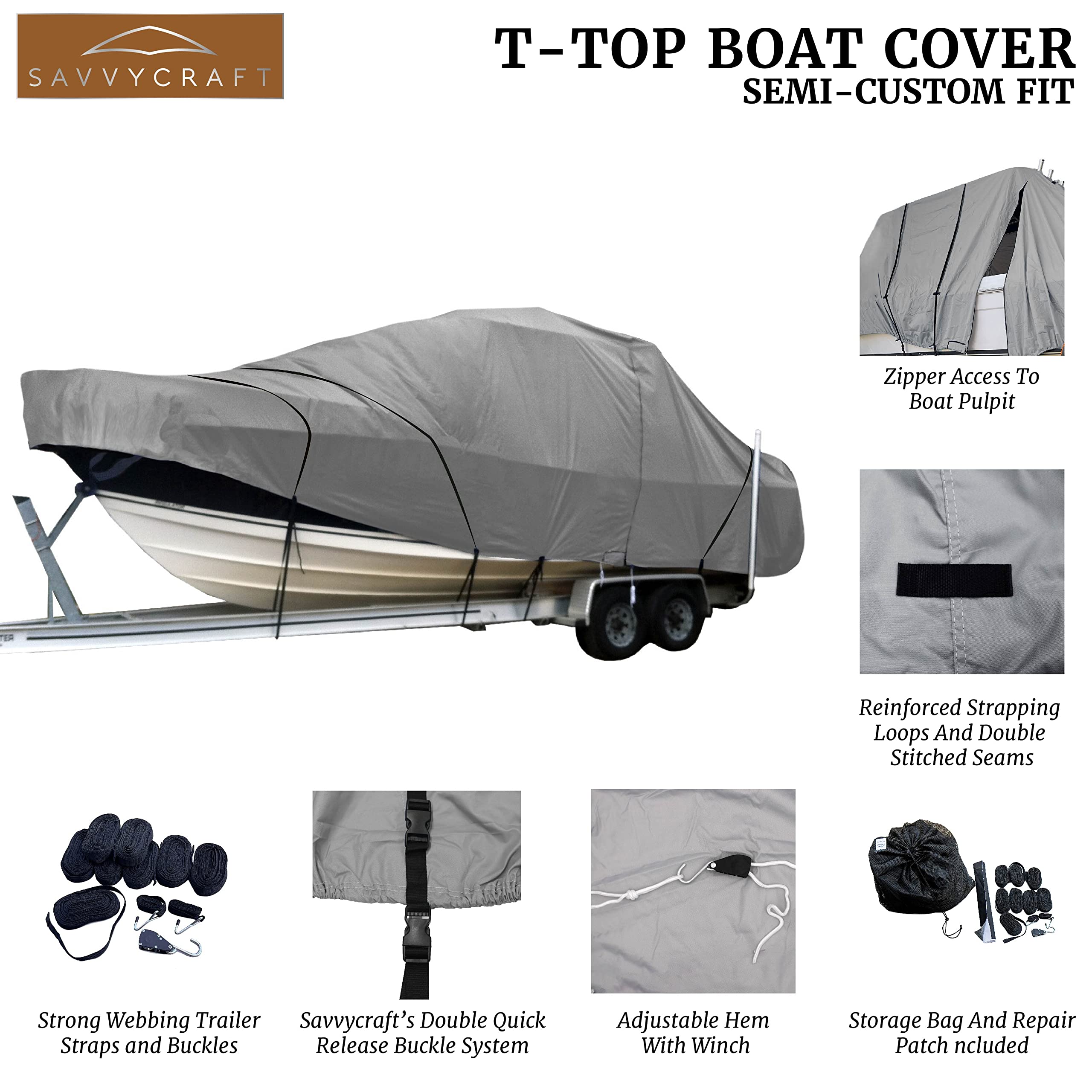 Heavy Duty T-Top Boat Cover for Center Console Boats - Waterproof, UV-Resistant, Fits Up to 26ft (Gray) - Perfect for Outdoor Boat Storage & Marine Protection
