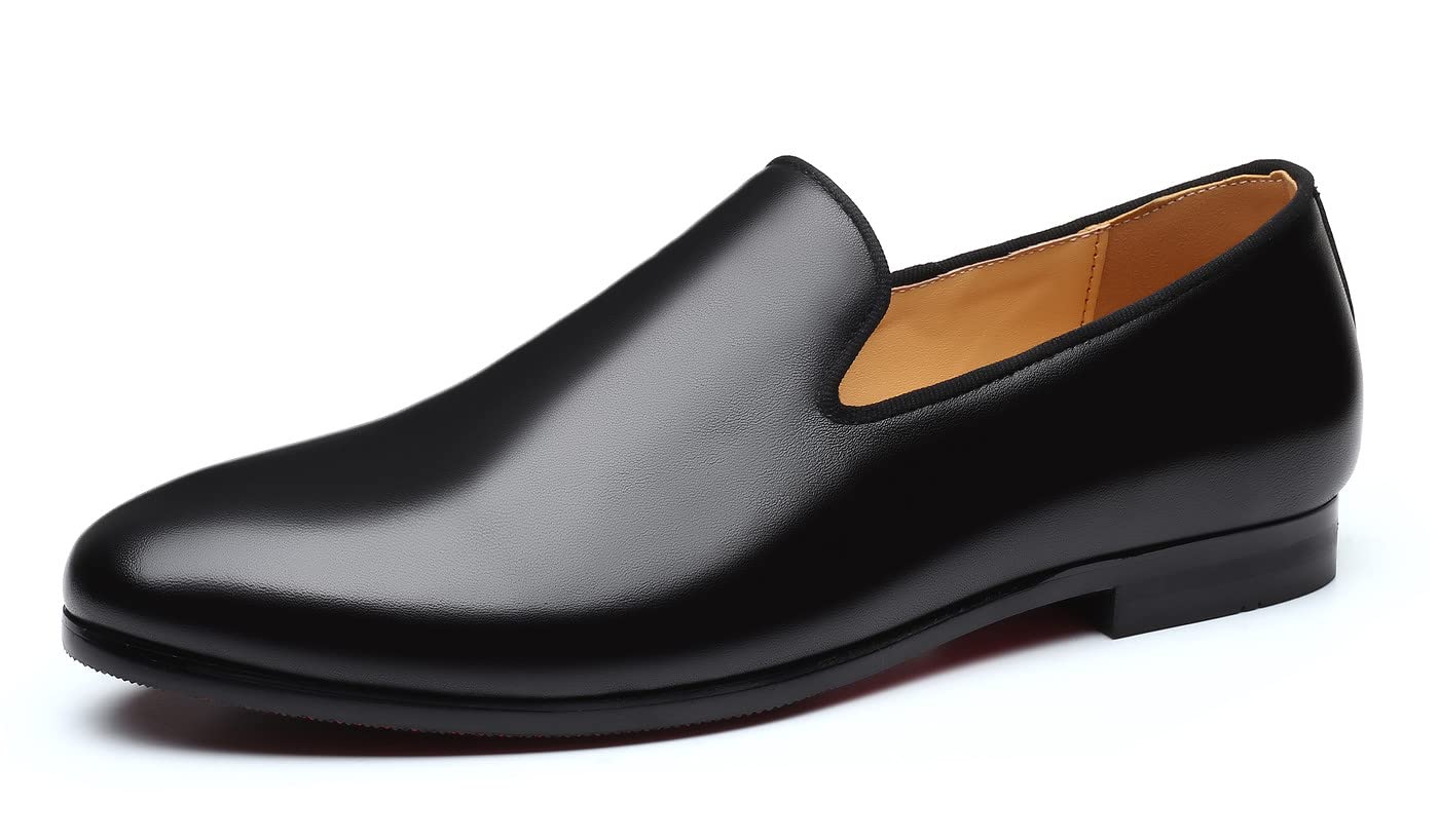 Santimon Men's Slip-On Penny Loafers - Casual Smoking Slippers & Driving Dress Shoes for Business & Travel - Comfortable Black Leather Shoes for Office, Parties & Daily Wear
