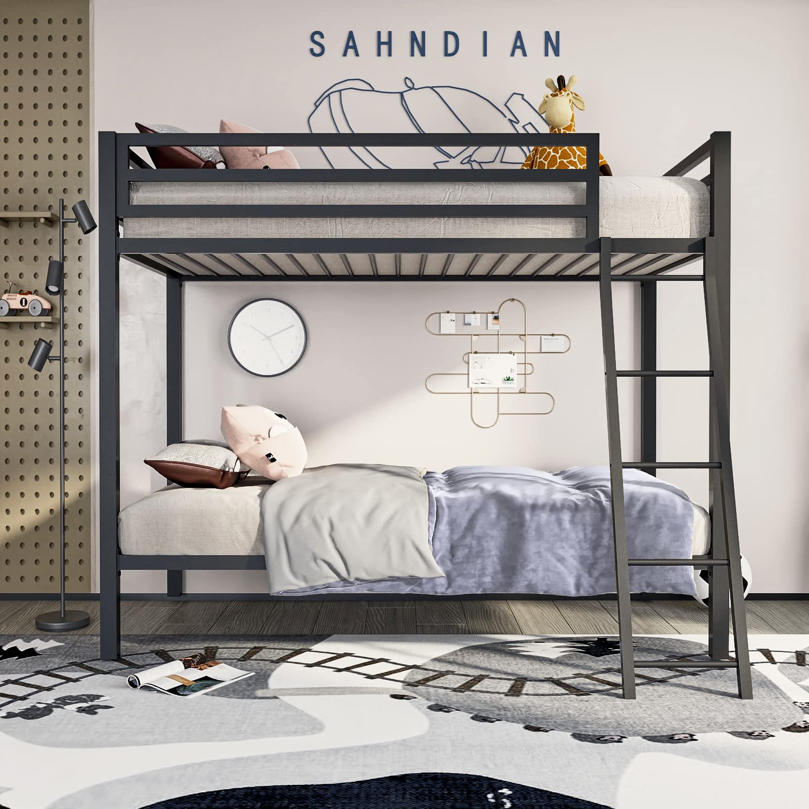 ikalido Metal Loft Bunk Bed Twin Over Twin Size with Safety Guardrail & Ladder - Space Saving Bedroom Furniture, No Box Spring Needed - Cream White - Perfect for Kids Rooms, Dorms & Small Apartments