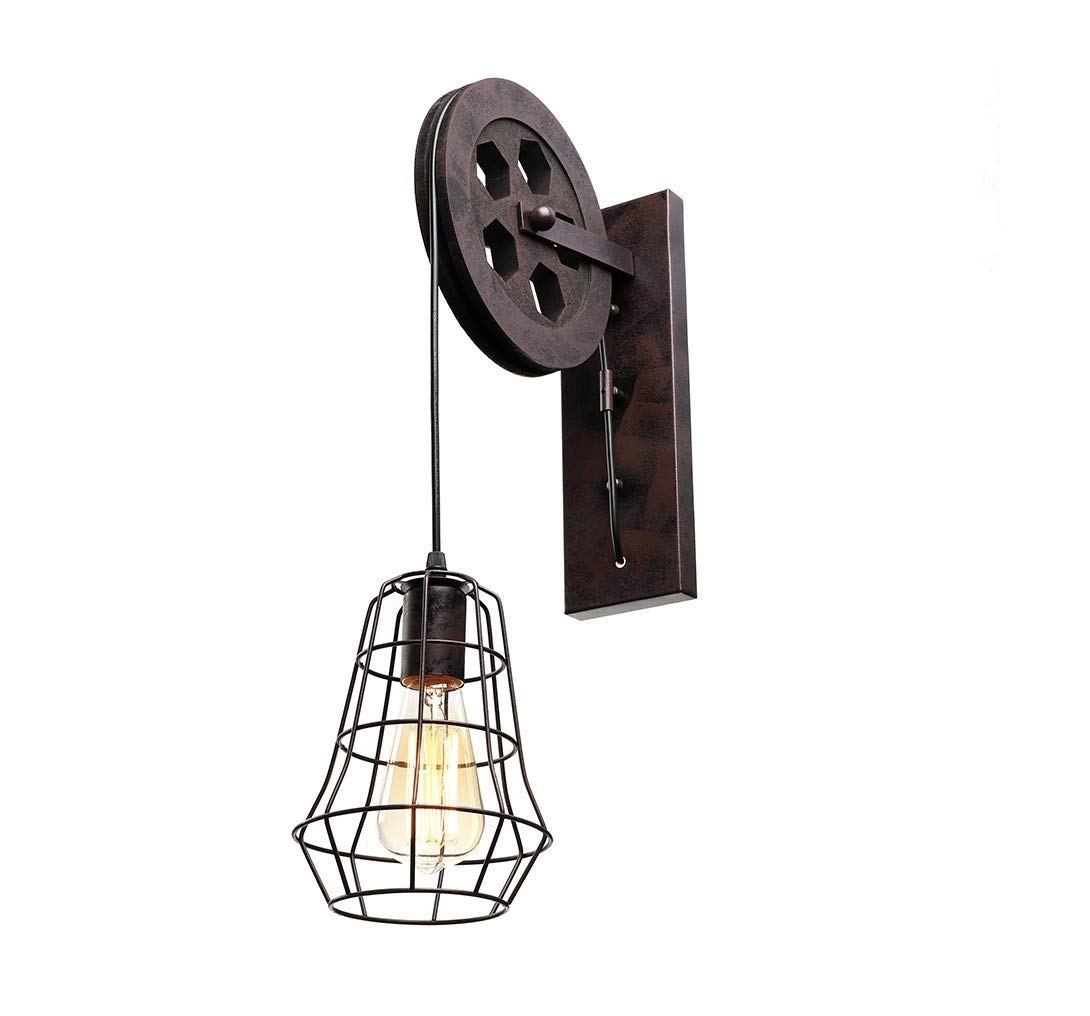 Vintage Industrial Wall Sconce with Lift Pulley Design - XINDAR Rustic Metal Cage Edison Wall Light with Hanging Cord - Black Indoor Lighting for Dining Room, Barn, Living Room - Perfect for Farmhouse, Loft & Industrial Decor