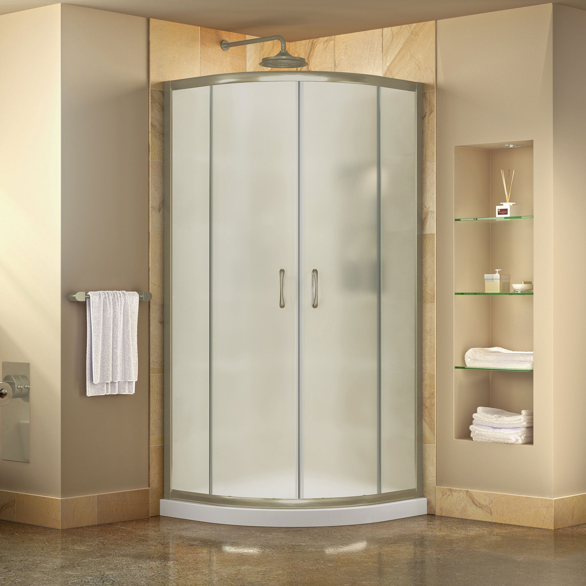 DreamLine Prime 38x38x74.75 Inch Corner Sliding Shower Enclosure with SlimLine Base Kit - Frosted Glass for Modern Bathroom & Space-Saving Design