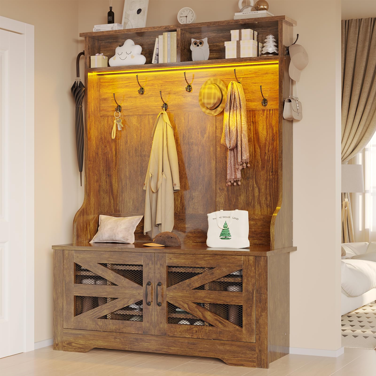 Itaar 5-in-1 Hall Tree Entryway Bench with Shoe Storage - Rustic Brown Coat Rack with 10 Shoe Cubbies, 9 Coat Hooks, Barn Door & Adjustable Shelf - Perfect for Mudroom, Foyer & Small Space Organization