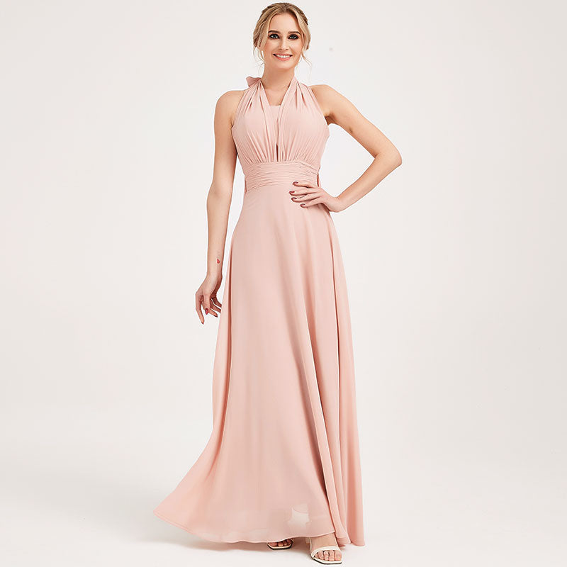 Elegant Convertible Chiffon Bridesmaid Dress - Wrap Style Dusty Pink Maxi Gown for Weddings, Parties & Formal Events