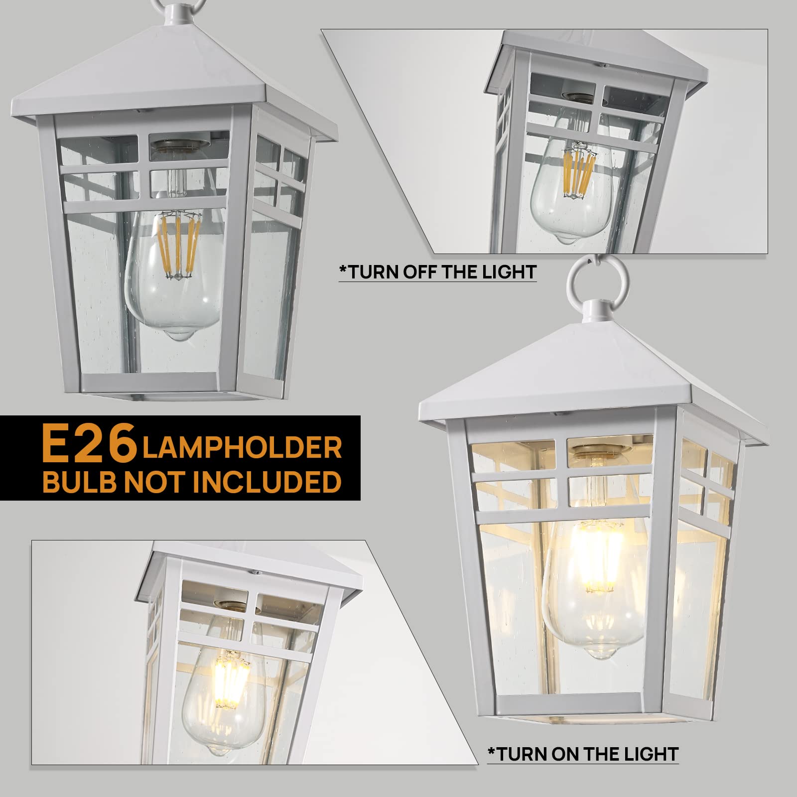 Waterproof White Outdoor Pendant Light Fixture with Seeded Glass & Adjustable Chain - Hanging Porch Lantern for Entryway, Doorway, Patio & Garden Decor