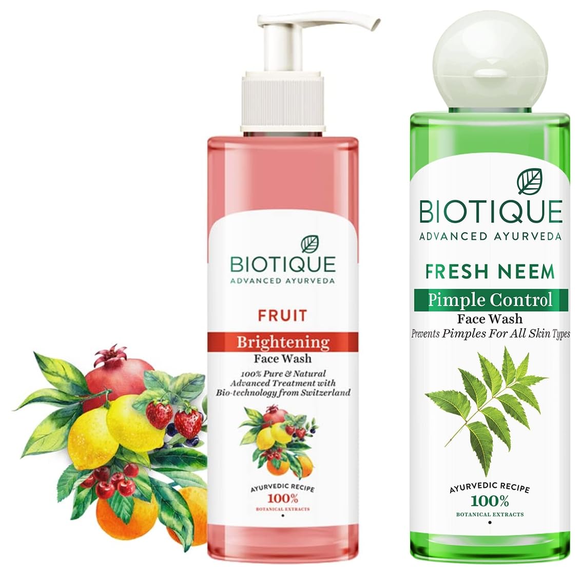 Biotique Fruit Brightening Face Wash for Glowing Skin & Fresh Neem Pimple Control Face Wash - 200ml Each, Natural Cleanser for All Skin Types | Daily Skincare Routine, Acne Prevention, Brightening Treatment