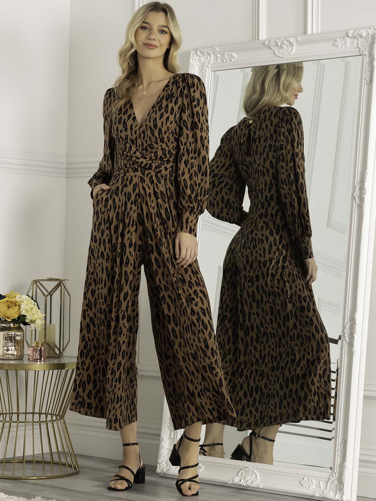 Gael Long Sleeve Jumpsuit for Women - Brown Animal Print Romper with Pockets | Casual Outfit for Fall, Date Night & Streetwear Fashion