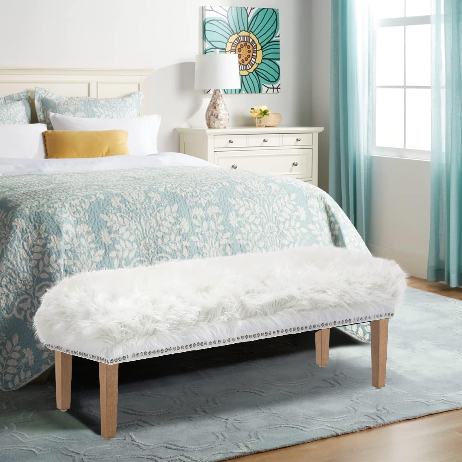 White Faux Fur Ottoman Bench with Natural Wood Legs - Modern Upholstered Furry Footrest Stool for Entryway, Living Room & Bedroom | Perfect for Cozy Seating, Home Decor & Relaxing