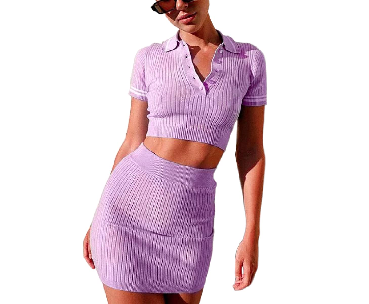 2 Piece Mini Dress for Women - Knitted Short Sleeve Crop Top & Skirt Set | Y2K Two Piece Outfits | Summer Clubwear | Casual Day Out & Night Party Wear