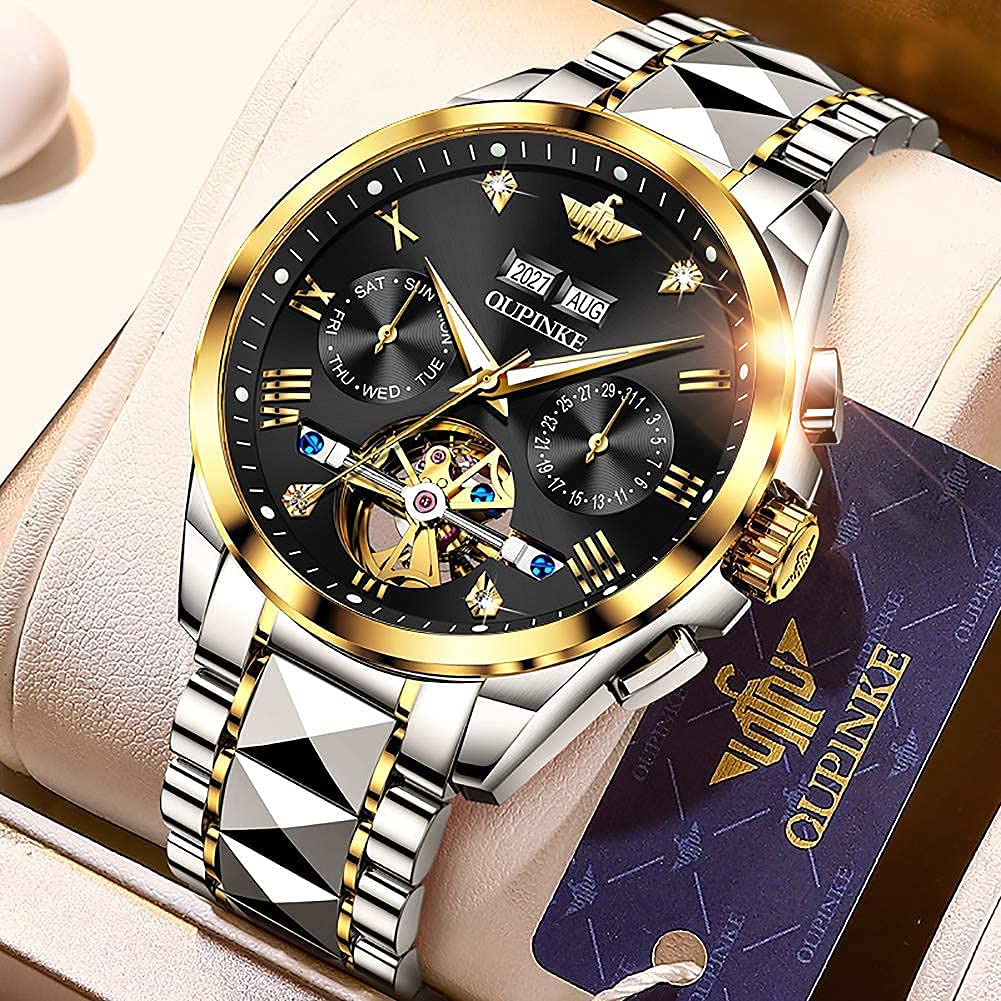 Premium OU PINKE Men's Automatic Watch - Diamond Skeleton Mechanical Self-Winding Luxury Dress Watch with Sapphire Crystal & Tungsten Case - Perfect for Business, Formal Events & Gifts