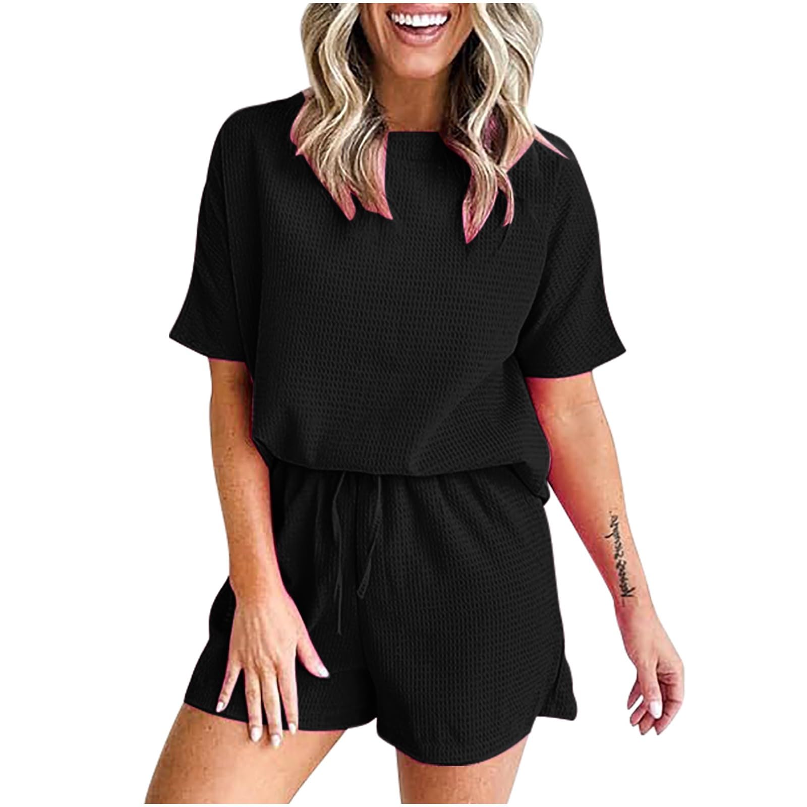 Women's 2-Piece Casual Ribbed Knit Lounge Set - Short Sleeve Crewneck Top & Elastic Drawstring Shorts | Comfortable Outfit for Home, Yoga, Travel & Relaxation