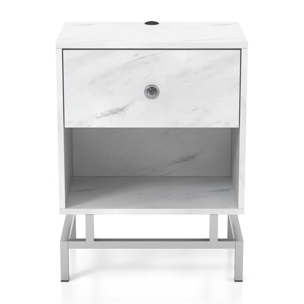BOWERY HILL Modern White Marble Top Wooden Nightstand - Contemporary 1-Drawer Bedside Table for Living Room, Bedroom & Office