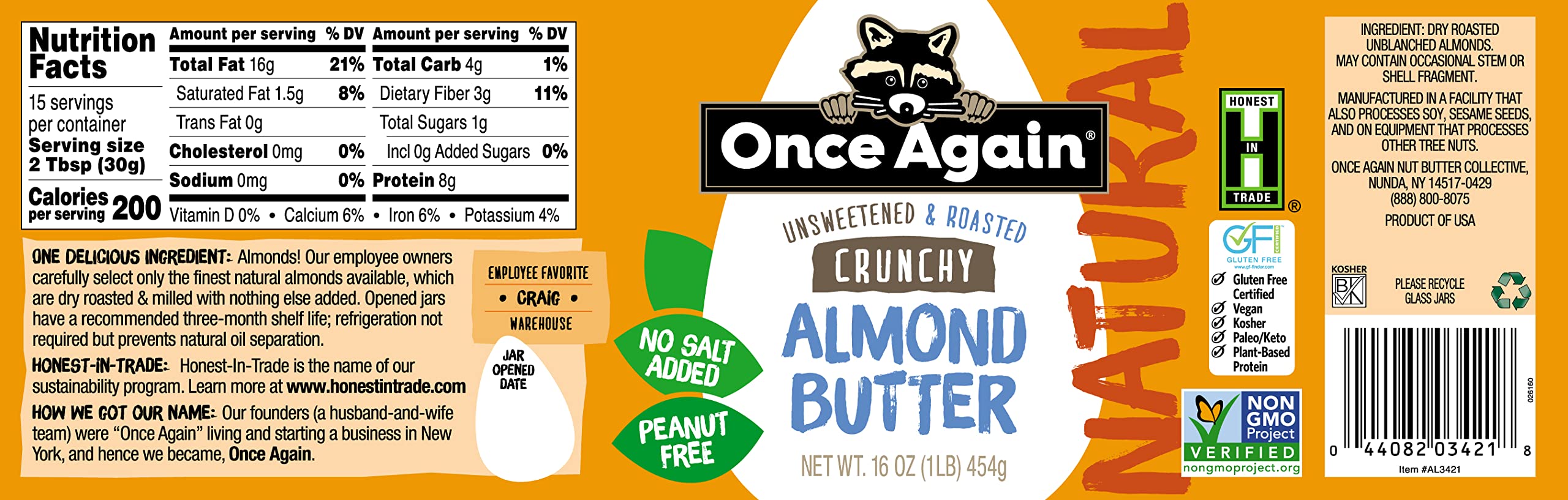 Once Again Natural Crunchy Almond Butter, 16oz - Roasted Unsalted Almond Butter, No Sugar Added, Gluten Free, Peanut Free, Vegan, Kosher & Paleo Certified - Healthy Snack for Toast, Smoothies & Baking
