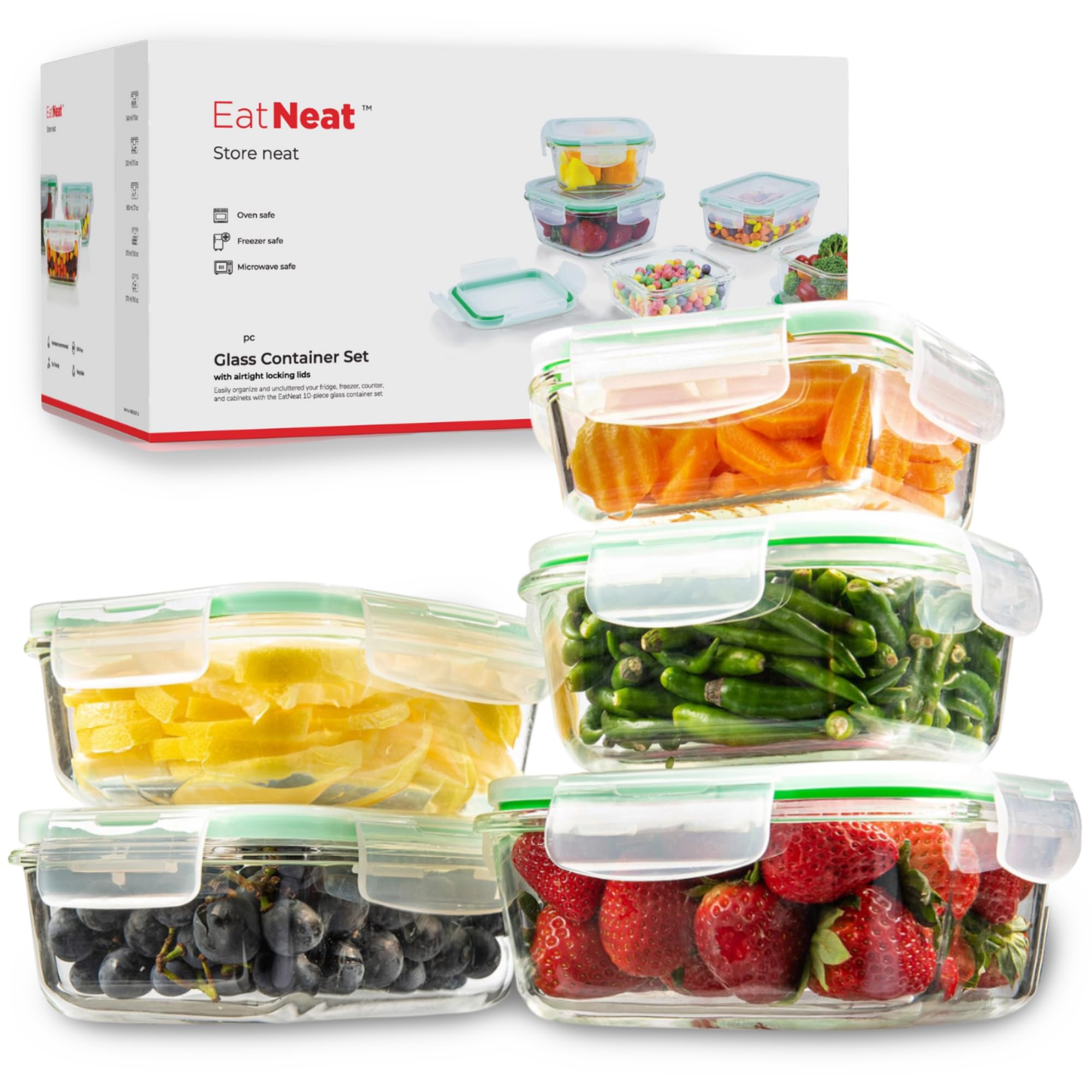EatNeat 5-Pack Glass Food Storage Containers with Airtight Lids - BPA-Free, Leakproof, Microwave & Freezer Safe | Perfect for Meal Prep, Leftovers & Pantry Organization