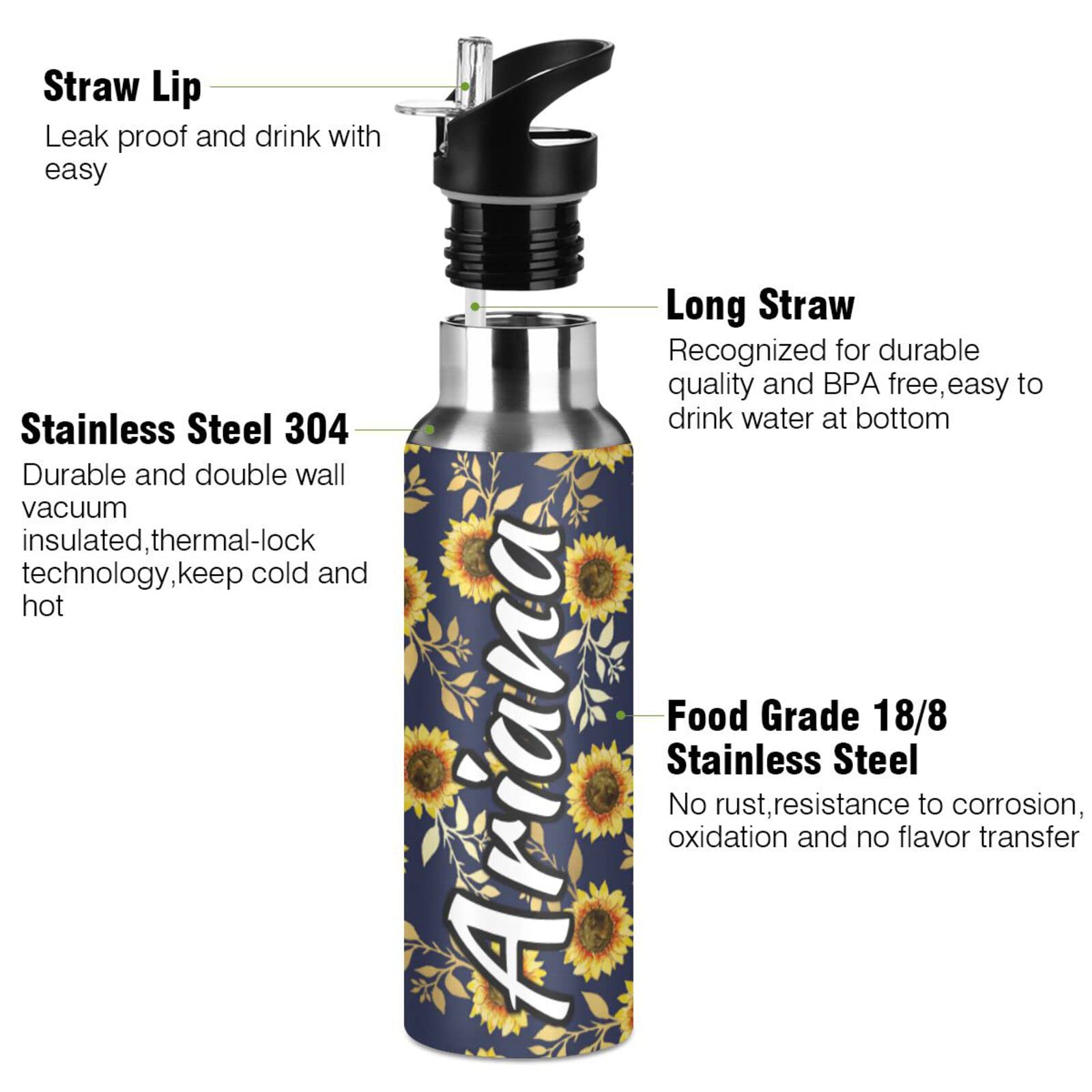 **Personalized 33oz Stainless Steel Insulated Water Bottle with Straw Lid - Custom Sunflower Design, Double Wall Vacuum Insulation for Travel, Gym & Outdoor Activities**