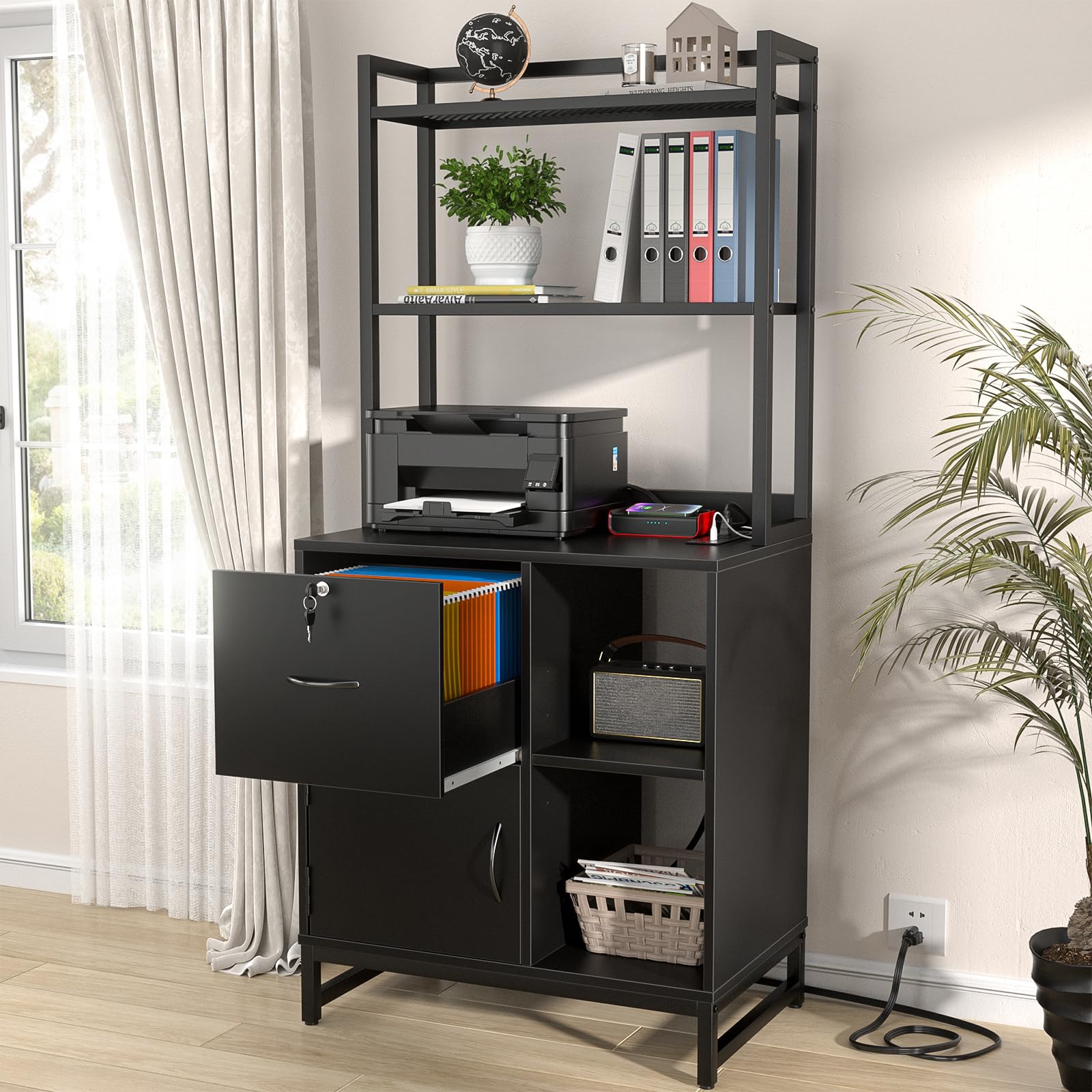 Homieasy Black Vertical Locking File Cabinet with Charging Station & Bookshelf - Large Wooden Drawer, Printer Stand & Open Storage Shelf - Letter Size Home Office Organizer for Documents, Supplies & Electronics (Perfect for Small Spaces & Workspaces)