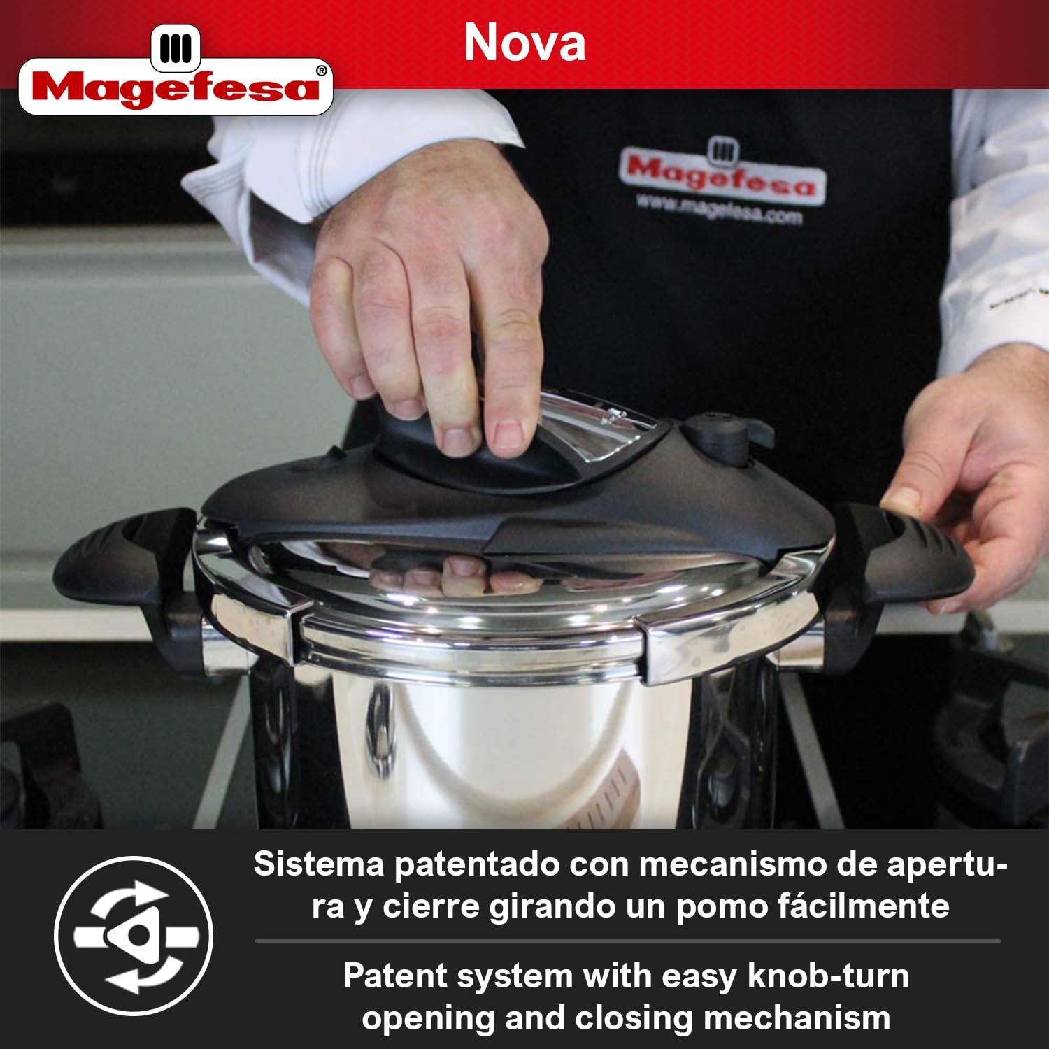 Magefesa Nova 6.3 Quart Stainless Steel Pressure Cooker - Fast Cooking, Easy Locking, Induction Compatible, 5 Safety Systems (11.6 PSI) - Perfect for Soups, Stews & Family Meals