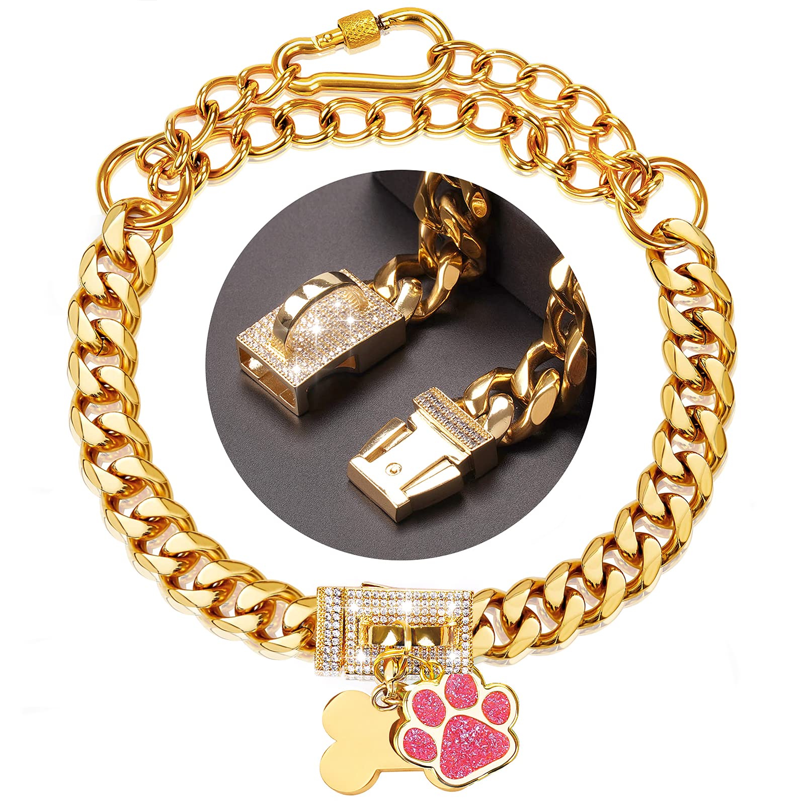 18K Gold Plated Dog Chain Collar 20 Inch - Stainless Steel Cuban Link Chain with Safety Buckle Lock - Durable Walking & Training Collar for Small Medium Large Dogs - Perfect for Daily Walks, Training Sessions and Fashion Accessories