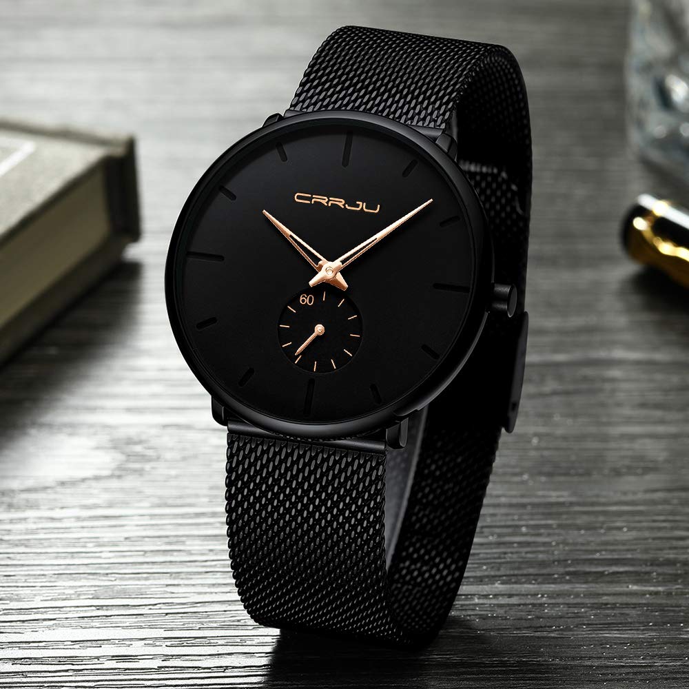 CRRJU Men's Business Slim Analog Quartz Watch with Date Display - Black Dial & Mesh Bracelet Strap - Perfect for Office, Formal Events & Professional Wear
