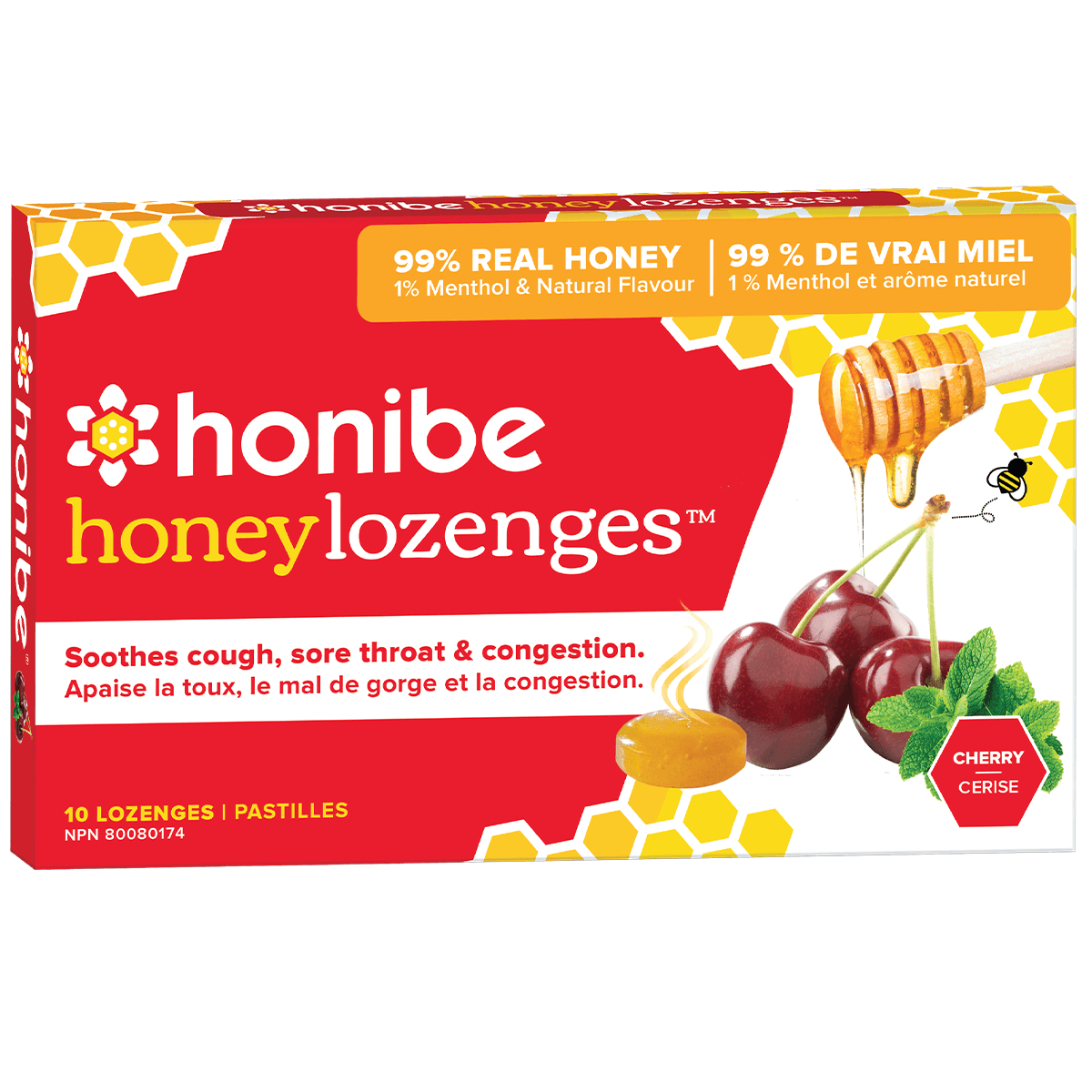 Honibe Honey Lozenges - Cherry Flavor (10 Pack) | Natural Cough Drops & Throat Soothers for Adults & Kids | Perfect for Cold Relief, Travel & Office Use