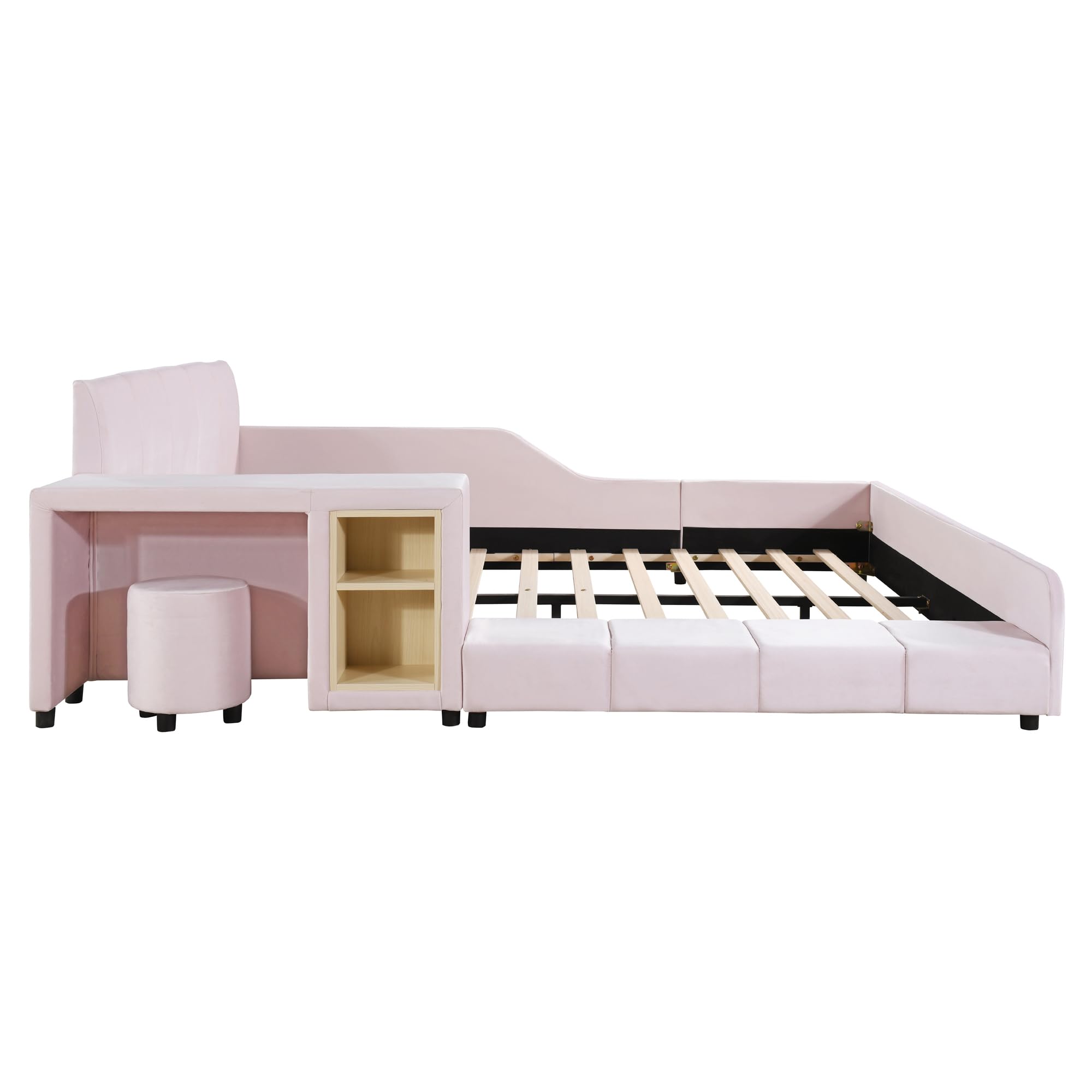 Velvet Upholstered Queen Size Platform Bed Frame with Bedside Desk & Stool - Wooden Floor Bed for Kids & Adults - Pink Bedroom Furniture for Small Spaces & Cozy Sleeping