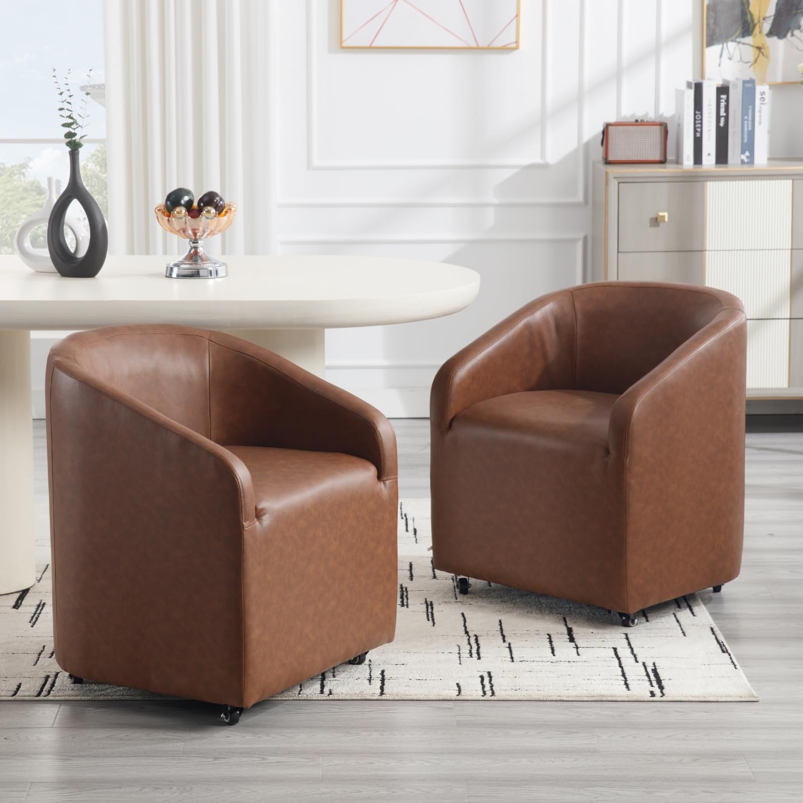 Modern Swivel Barrel Dining Chairs Set of 2 - PU Leather Upholstered Kitchen Counter Stools with Casters - Accent Side Chairs for Dining Room, Living Room & Home Office - Brown (Perfect for Breakfast Nooks, Kitchen Islands & Small Space Dining)