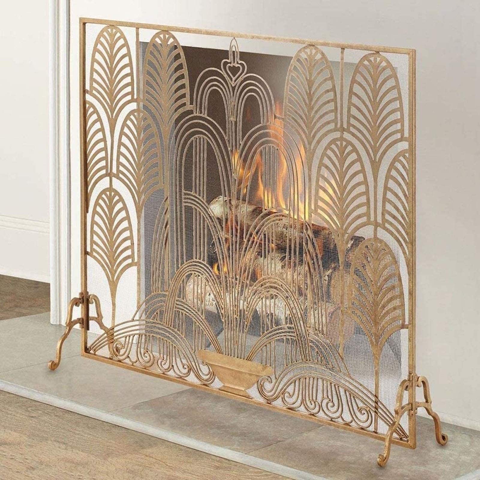 Mesh Fireplace Screen Protector - Indoor & Outdoor Fireguard Spark Guard for Wood, Coal Stoves & Grills - Decorative Iron Gold Fire Screen for Bedroom, Living Room & Patio Safety