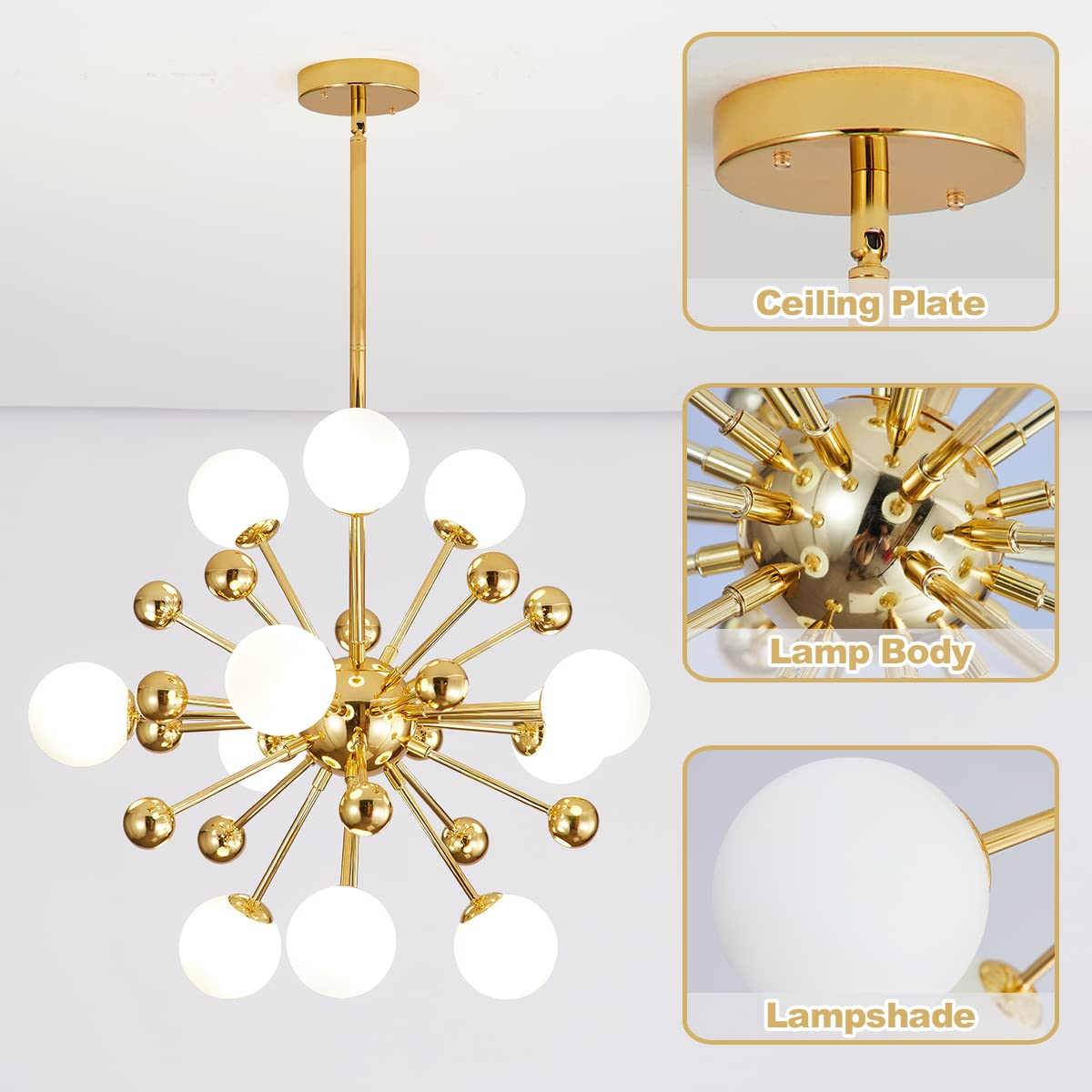 KCO Lighting Sputnik Chandelier - Gold Mid Century Modern Hanging Pendant Light with Frosted Glass - 11-Light Ceiling Fixture for Living Room, Dining Room, Entryway & Bedroom Lighting Decor