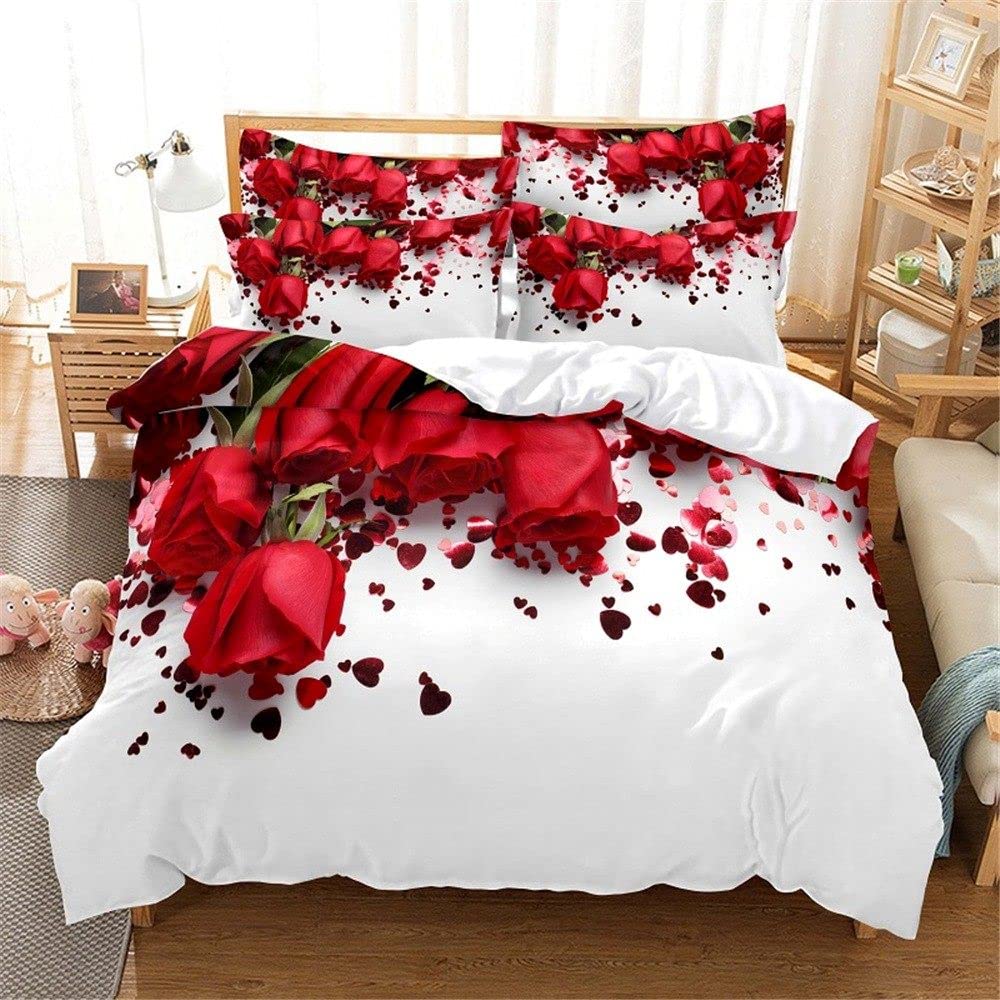 YXYSHXR Red Rose Duvet Cover Set - Soft Microfiber 3D Floral Printed Queen Size Bedding (90x90 Inches) | Breathable Comforters for Master Bedroom Decor & Guest Room Essentials