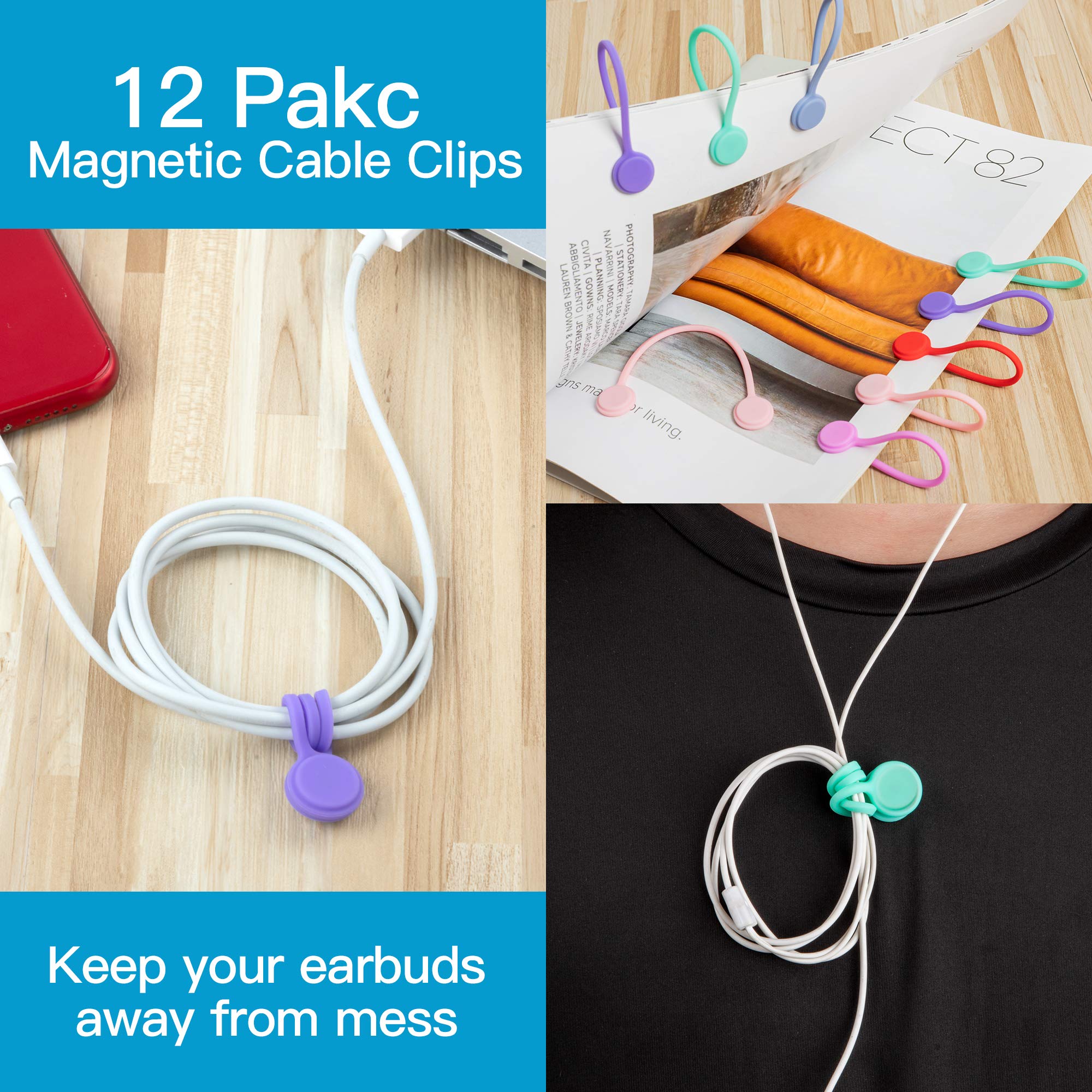 Reusable Magnetic Cable Ties - 12 Pack Cord Organizers for Cable Management | Perfect for Desk, Home, Office Organization & Fidgeting | Strong Magnetic Hold for Wires, Cables & Small Items
