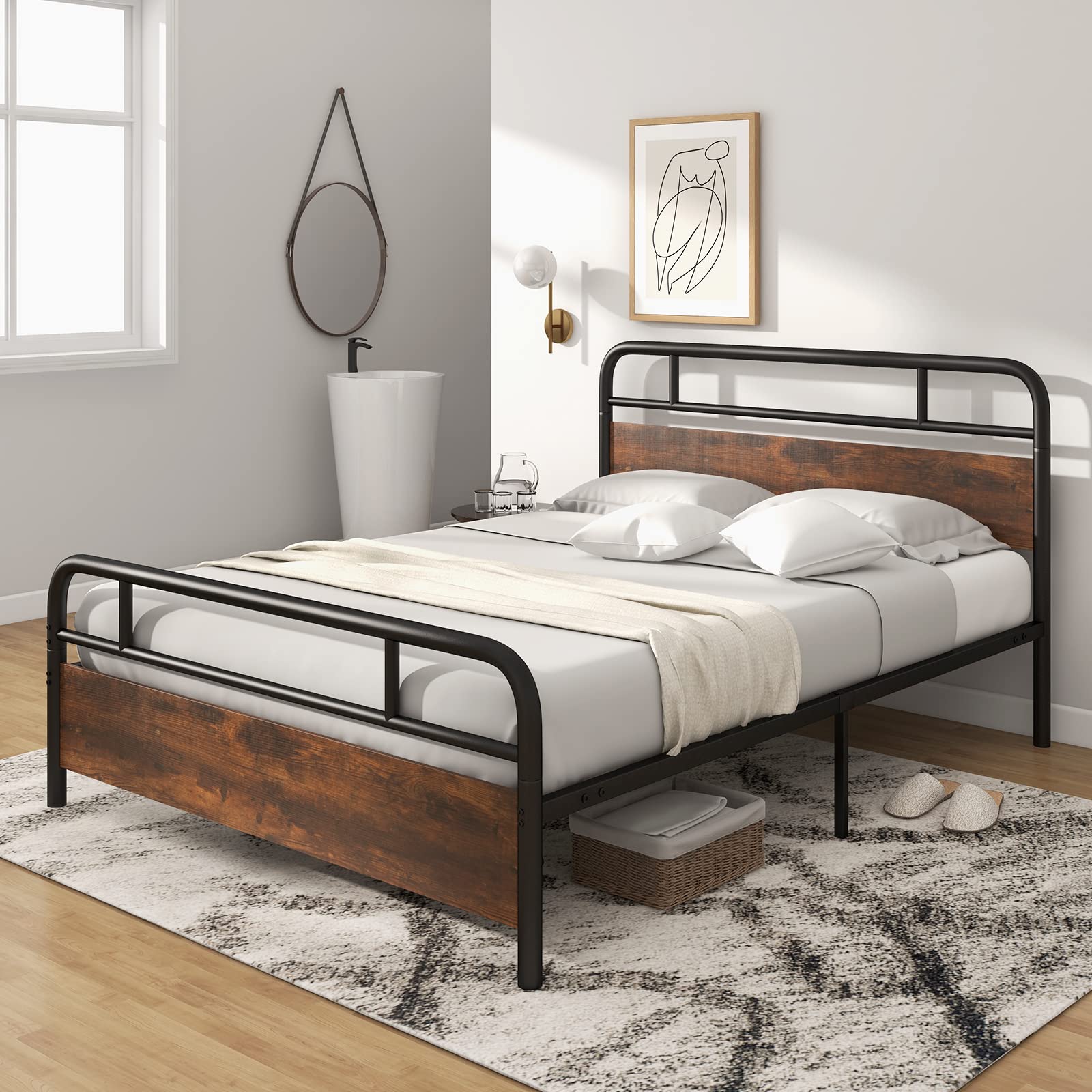 Giantex Queen Size Metal Bed Frame with Wood Headboard & Footboard - Heavy Duty Platform Bed with Reinforced Metal Slats, No Box Spring Needed - Rustic Brown Industrial Style Bed Frame for Bedroom, Guest Room, or Dorm