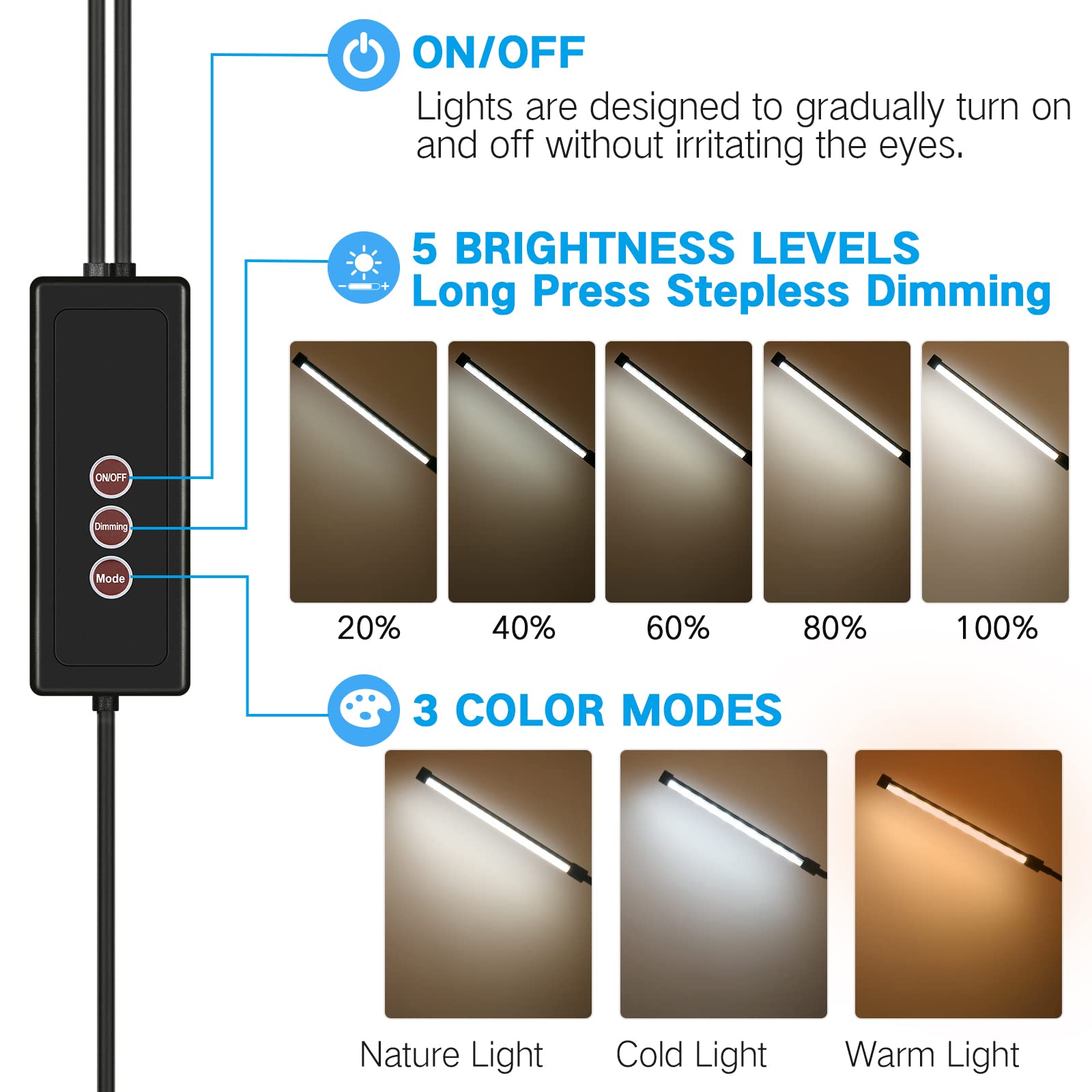 **Dual Head Eye-Care Desk Lamp with Clamp - 3 Color Modes & 5-Level Dimmer, 360° Adjustable Clip-On Light for Reading, Working, Bedroom & Music Stand - Perfect for Study, Office & Nightstand Use**