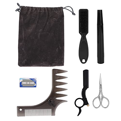 Premium Beard Grooming Kit for Men - Beard Filling Pen, Natural Bristle Brush, Styling Comb & Precision Scissors | Complete Beard Care Set with Storage Rack & 10 Replacement Blades | Perfect for Daily Grooming, Shaping & Maintenance (Brown)