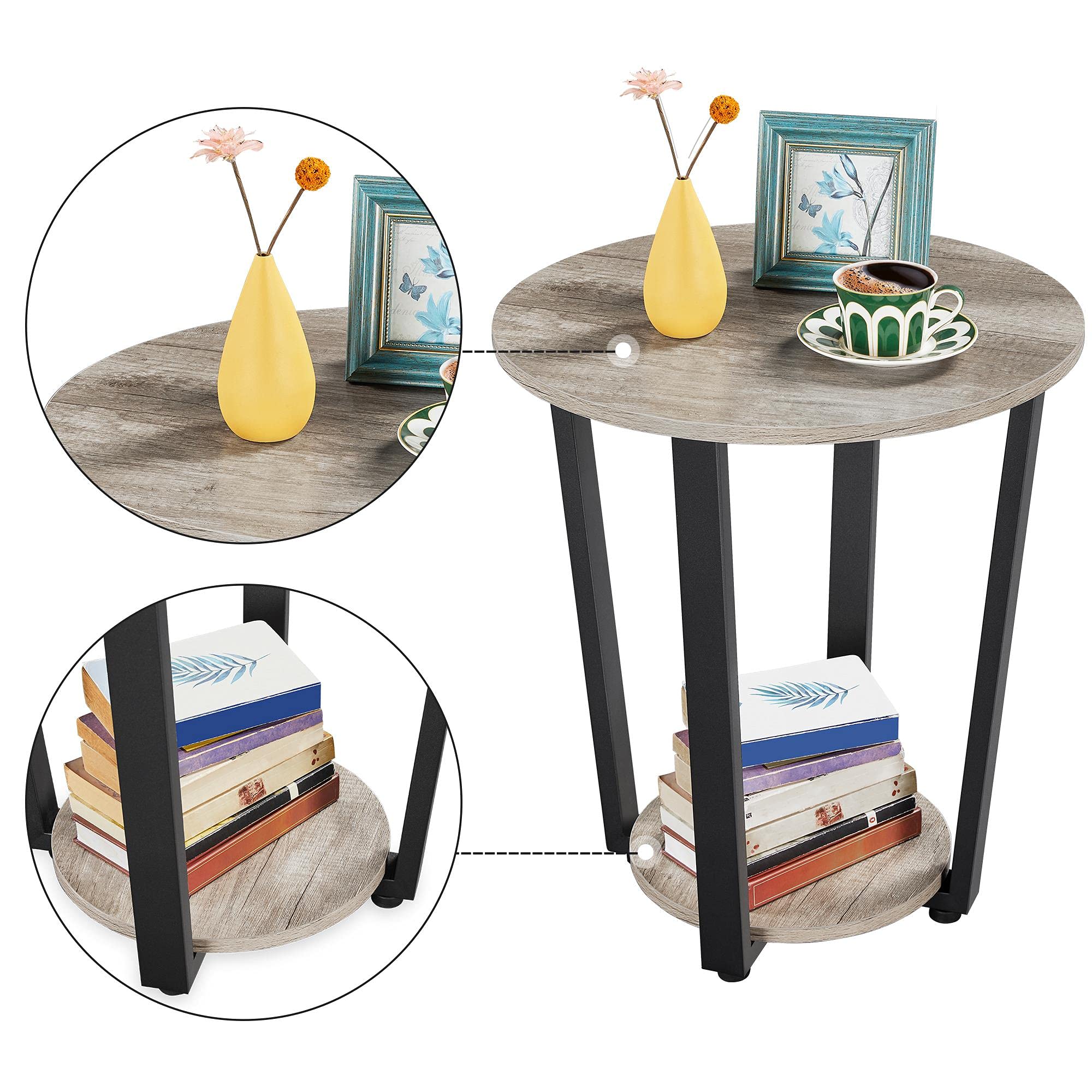 Yaheetech Farmhouse Round End Table with Storage Shelf - 2 Tier Sofa Side Table with Sturdy Metal Frame & Wood Top for Living Room, Bedroom, Small Spaces - Easy Assembly, Gray - Perfect for Coffee, Books, and Decor