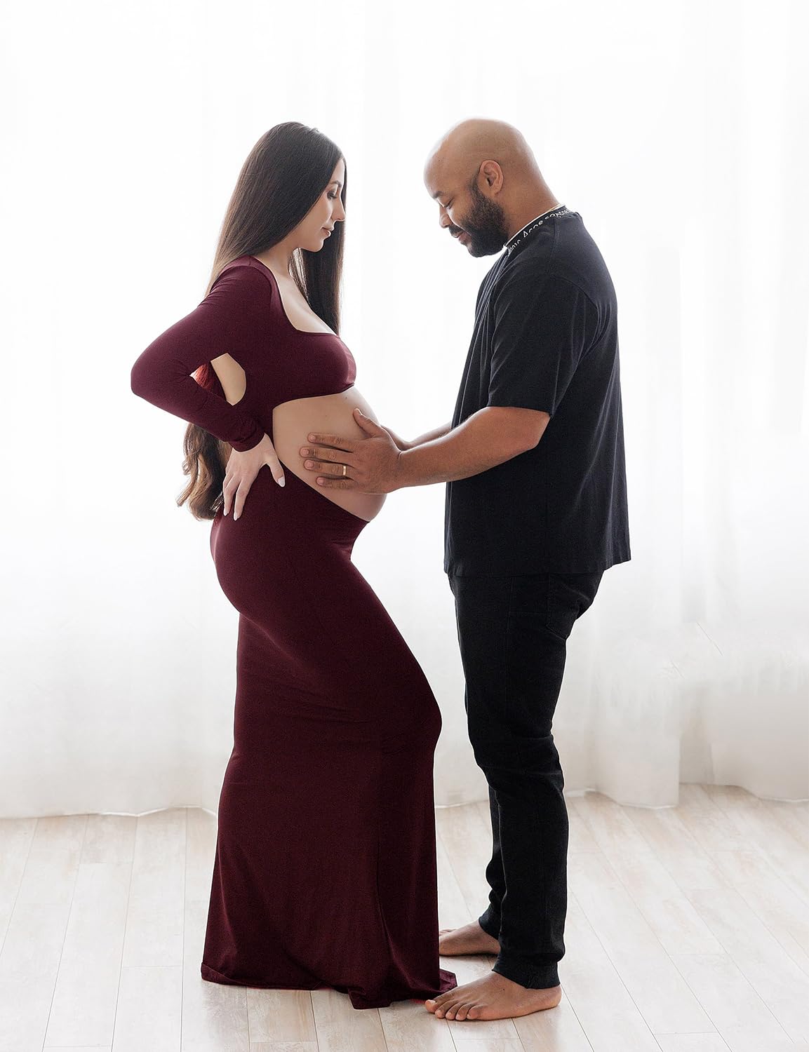 Stylish Cut Out Maternity Dress for Pregnancy Photos - Open Belly Long Sleeve Photography Gown with Square Neck - Perfect for Maternity Photoshoots, Baby Showers & Special Occasions