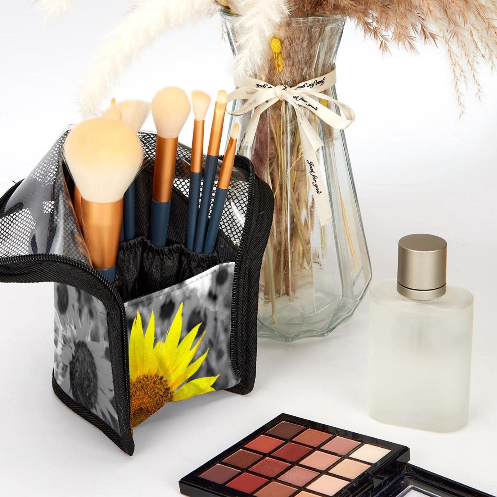 Premium 12-Piece Makeup Brush Organizer Bag with Black & White Sunflower Design - Portable Travel Cosmetic Brush Holder Case for Professional Makeup Artists & Beauty Enthusiasts - Perfect for Home, Travel & Salon Use