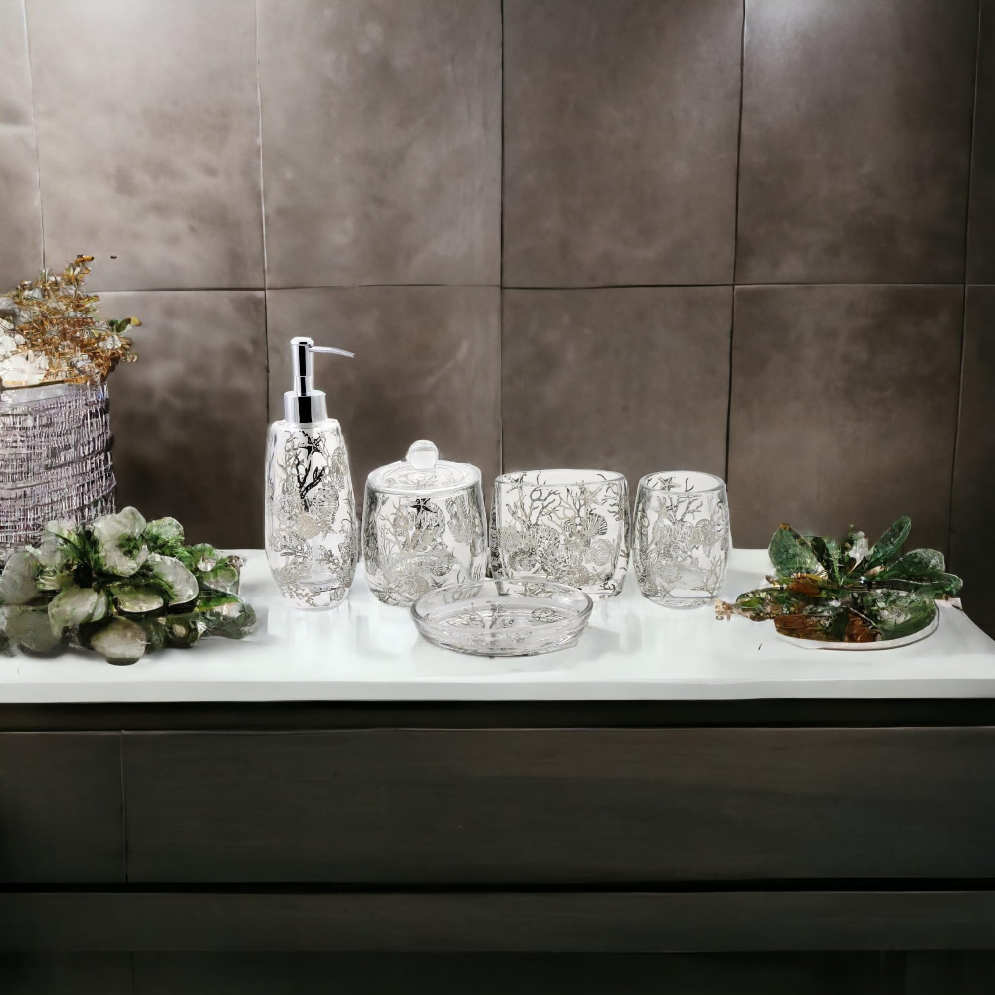 5-Piece Glass Bathroom Accessories Set with Antler Design - Nature Inspired Home Decor for Bathroom, Spa, and Cabin Style Decorating