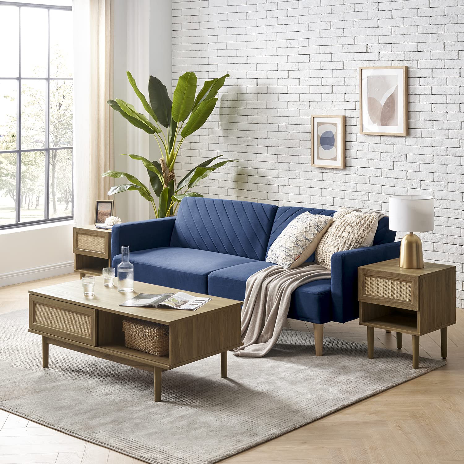 Haylee Coffee Table - Modern Boho Farmhouse Style Natural Rattan Living Room Table with Storage Shelf, Small Center Table for Living Room, Bedroom, or Office (Oak Finish) - Perfect for Coffee, Books, and Decor Display